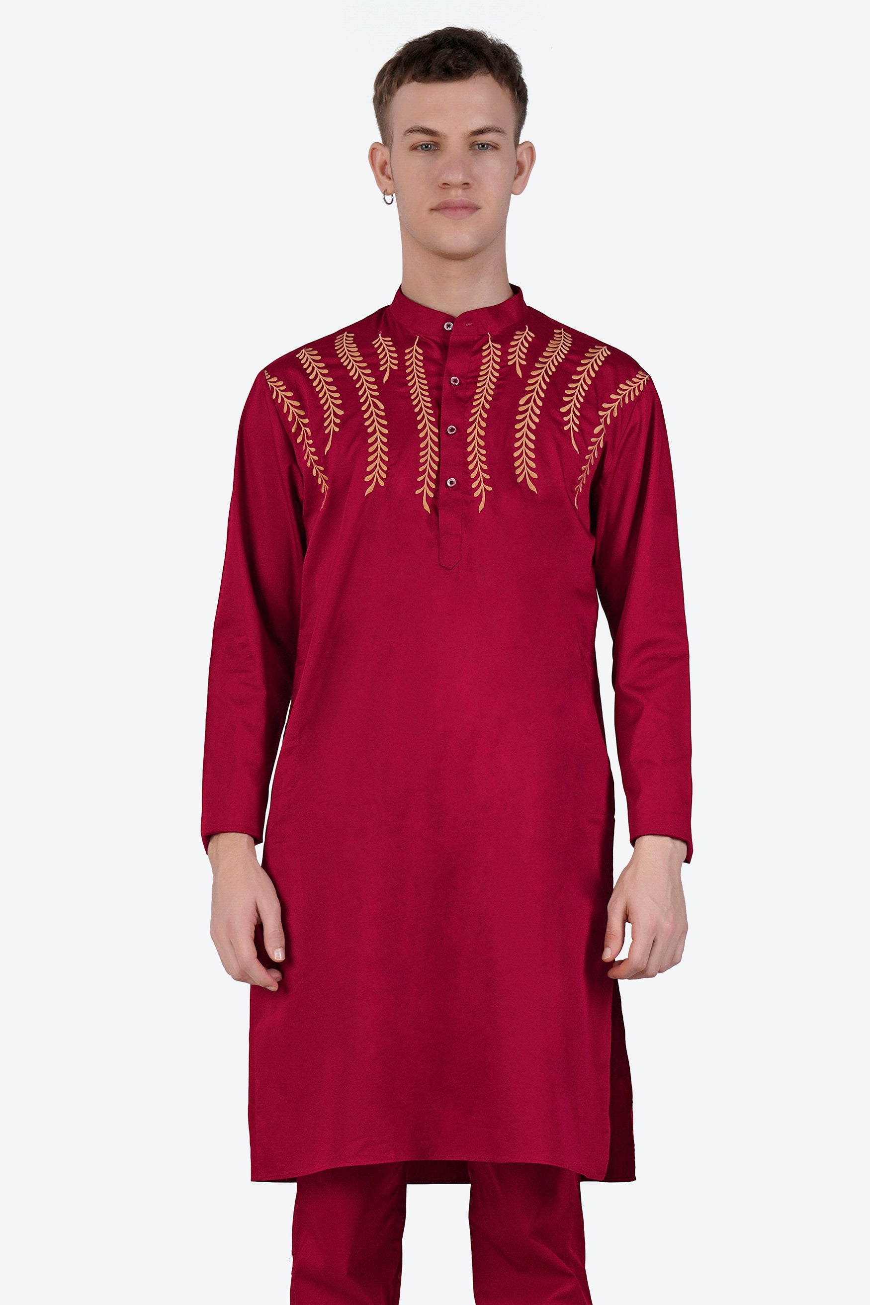 Vivid Auburn Red Subtle Sheen Super Soft Premium Cotton Leaves Embroidered Designer Kurta