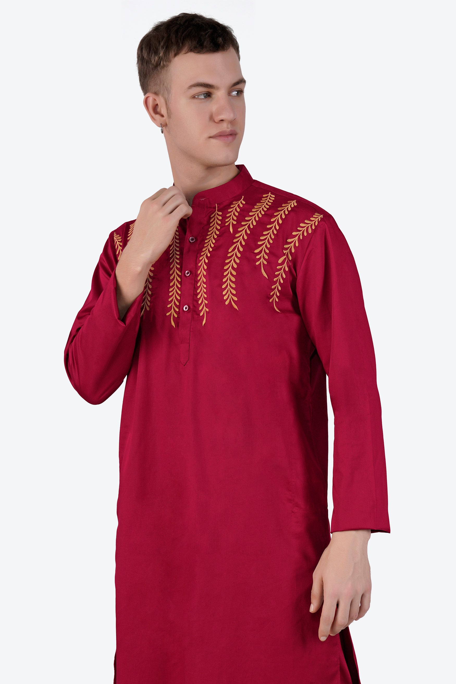 Vivid Auburn Red Subtle Sheen Super Soft Premium Cotton Leaves Embroidered Designer Kurta