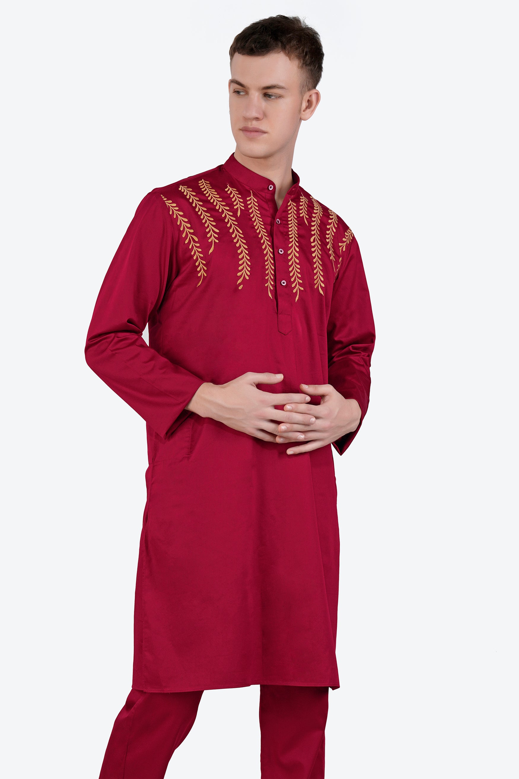 Vivid Auburn Red Subtle Sheen Super Soft Premium Cotton Leaves Embroidered Designer Kurta