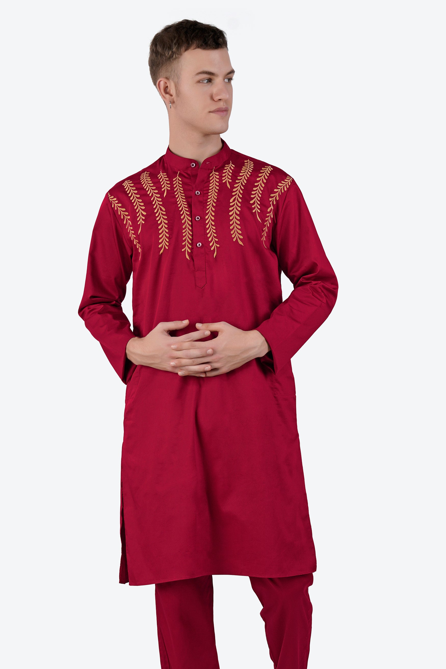 Vivid Auburn Red Subtle Sheen Super Soft Premium Cotton Leaves Embroidered Designer Kurta