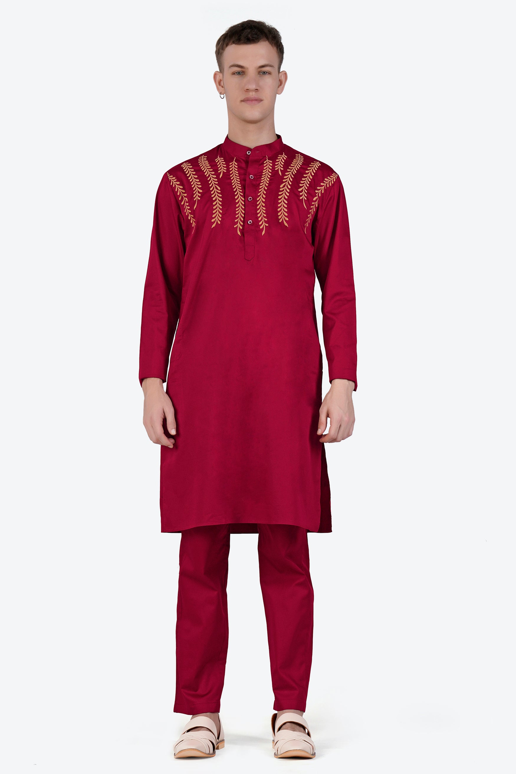 Vivid Auburn Red Subtle Sheen Super Soft Premium Cotton Leaves Embroidered Designer Kurta