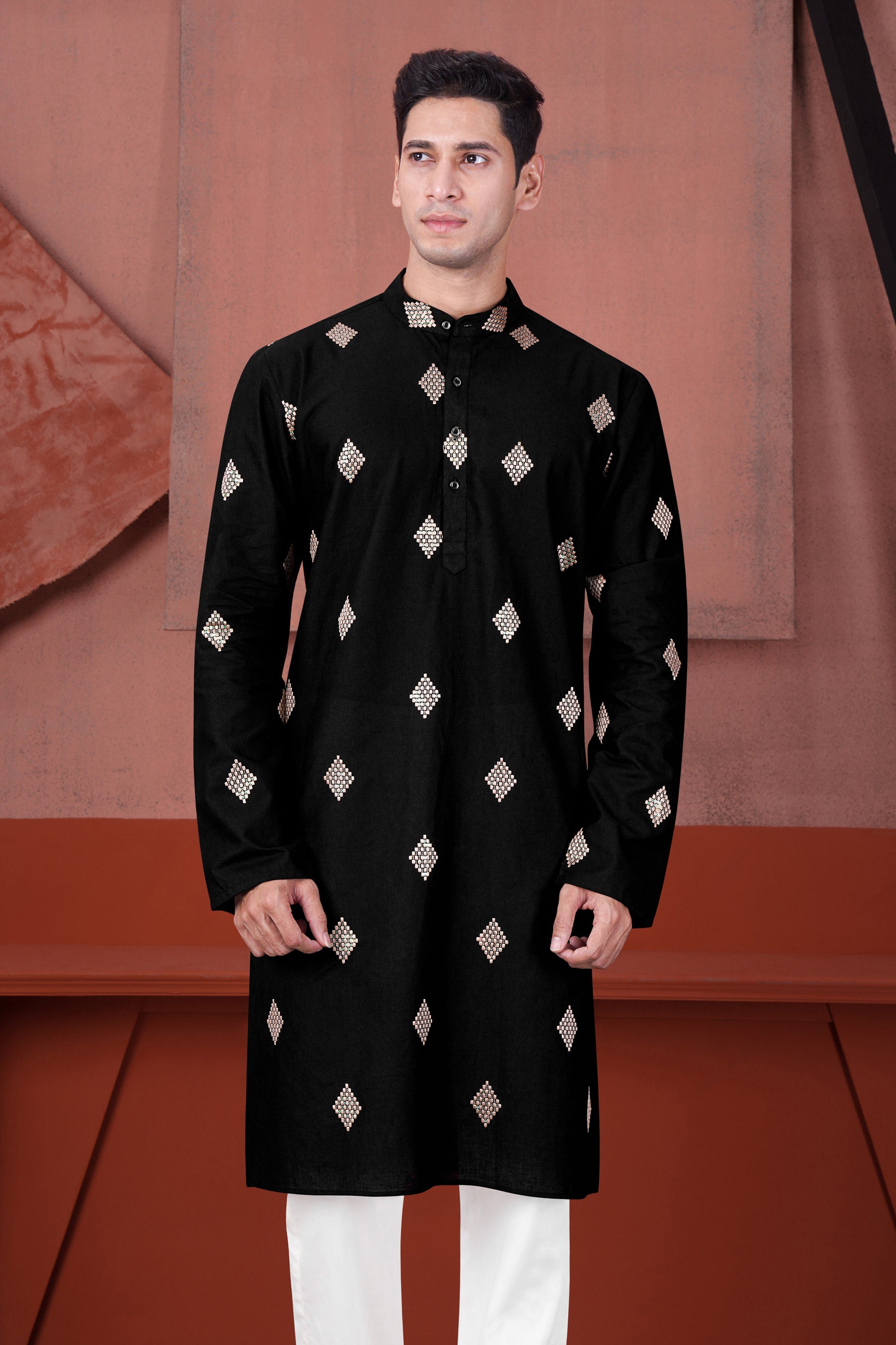 Jade Black Geometric Embroidered Luxurious Linen Designer Kurta