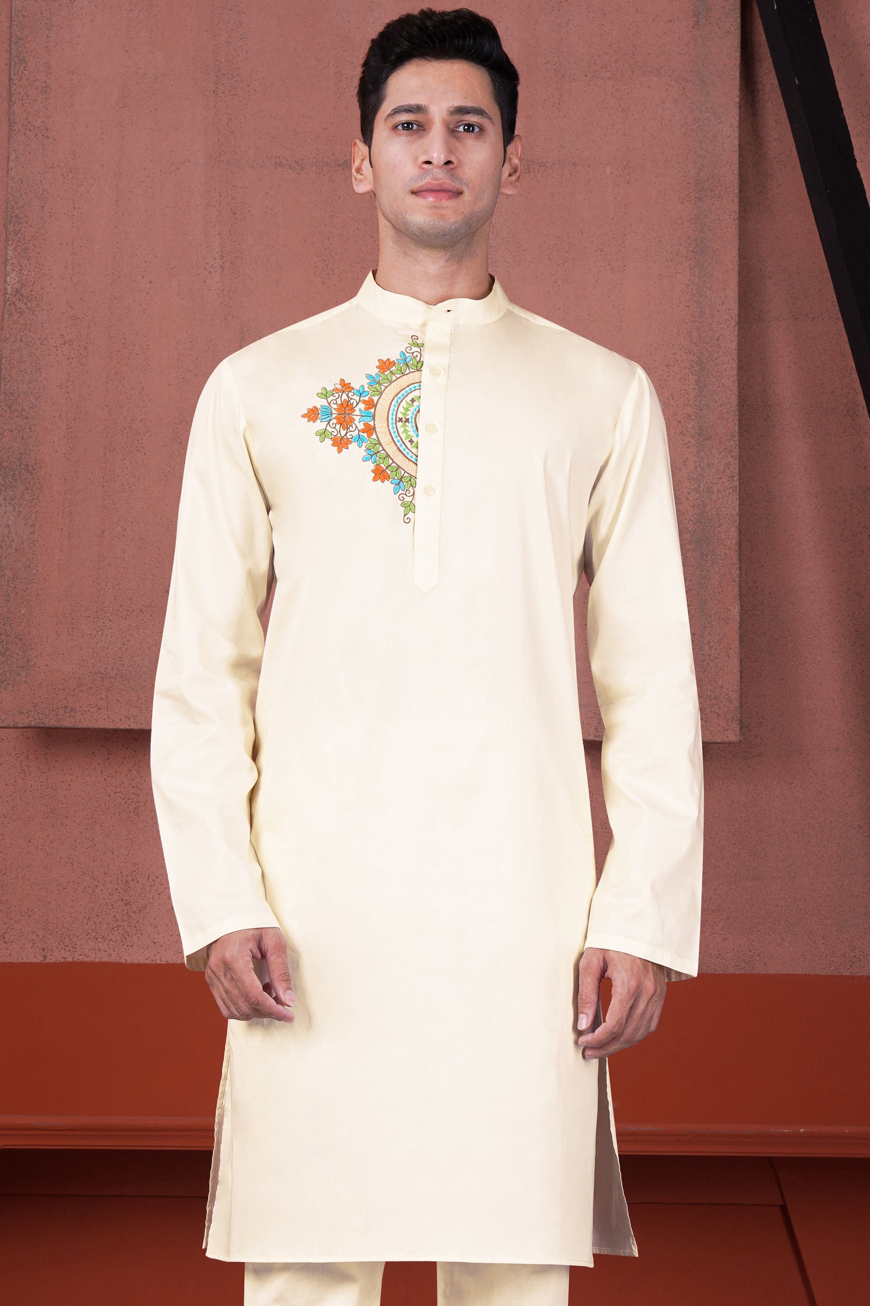 Fantasy Cream Floral Embroidered Subtle Sheen Super Soft Premium Cotton Designer Kurta