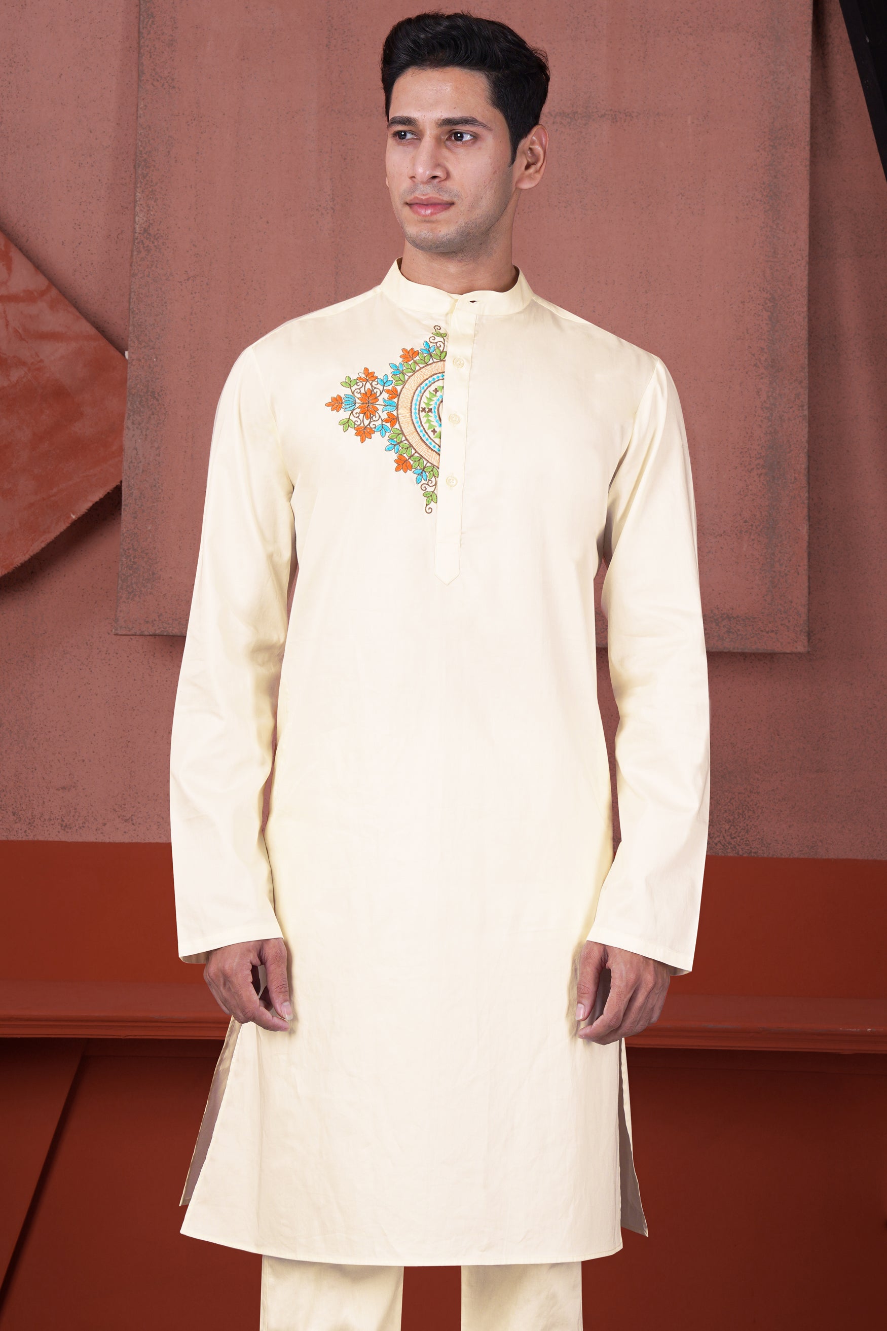 Fantasy Cream Floral Embroidered Subtle Sheen Super Soft Premium Cotton Designer Kurta