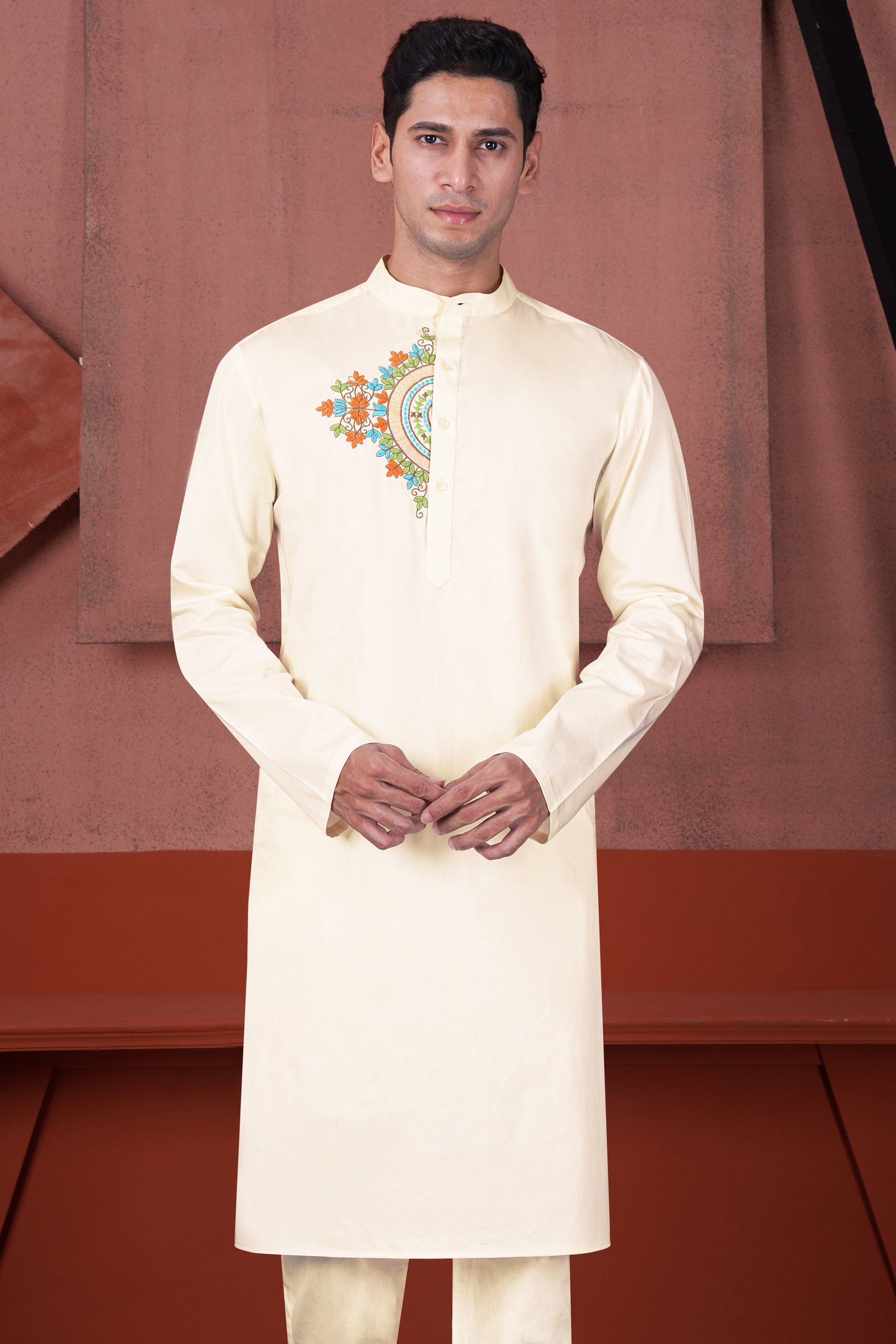 Fantasy Cream Floral Embroidered Subtle Sheen Super Soft Premium Cotton Designer Kurta