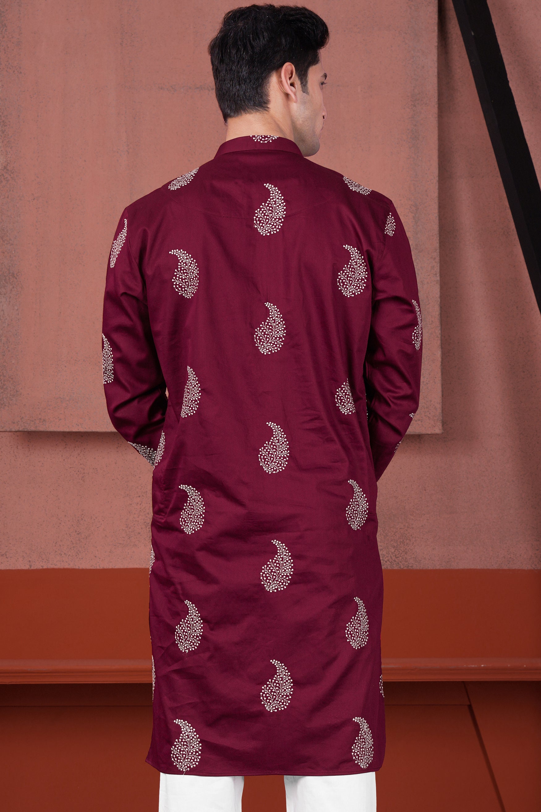 Bordeaux Maroon Paisley Embroidered Subtle Sheen Super Soft Premium Cotton Designer Kurta