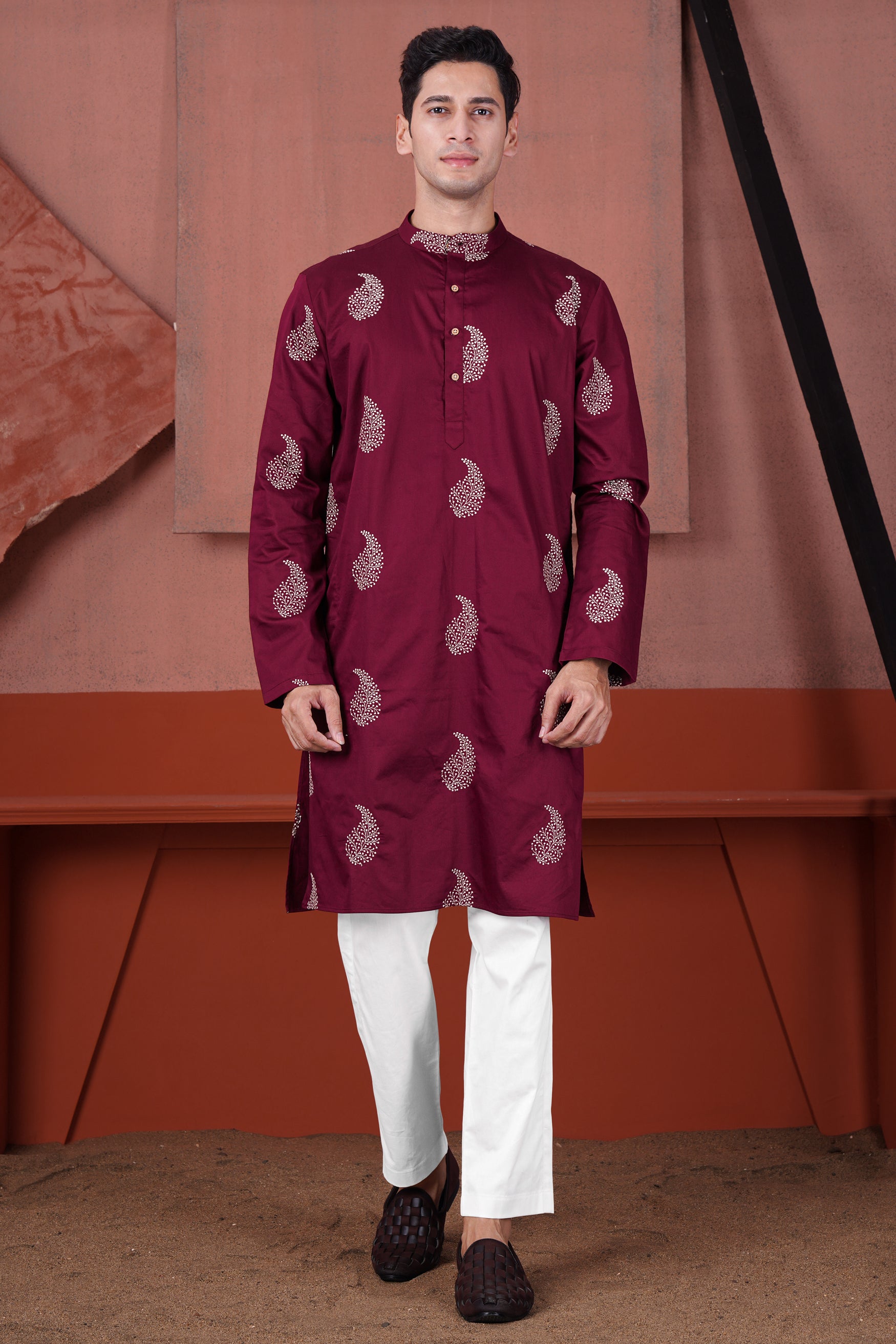 Bordeaux Maroon Paisley Embroidered Subtle Sheen Super Soft Premium Cotton Designer Kurta