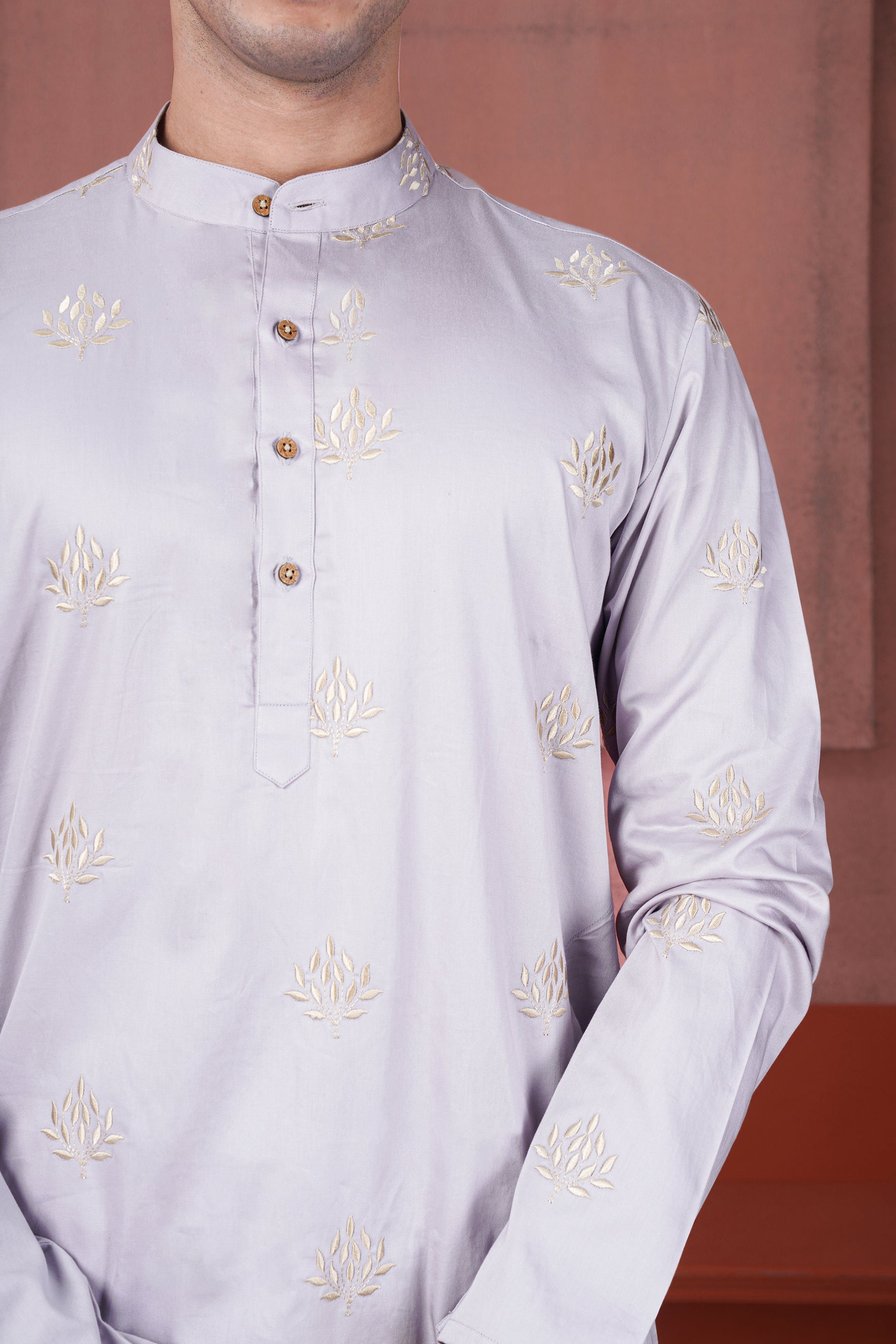 Pearl Lavender Leaves Embroidered Subtle Sheen Super Soft Premium Cotton Designer Kurta