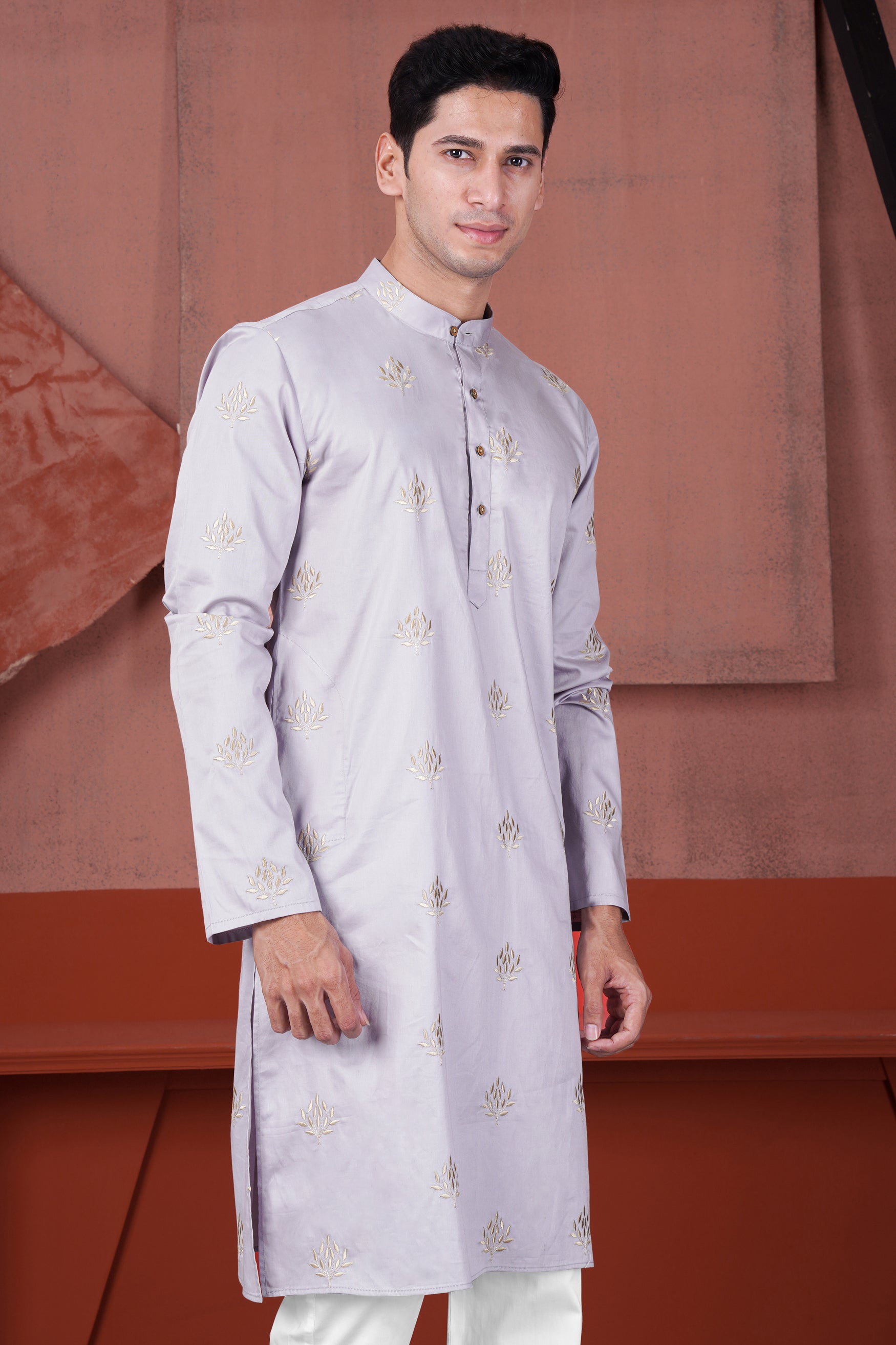 Pearl Lavender Leaves Embroidered Subtle Sheen Super Soft Premium Cotton Designer Kurta