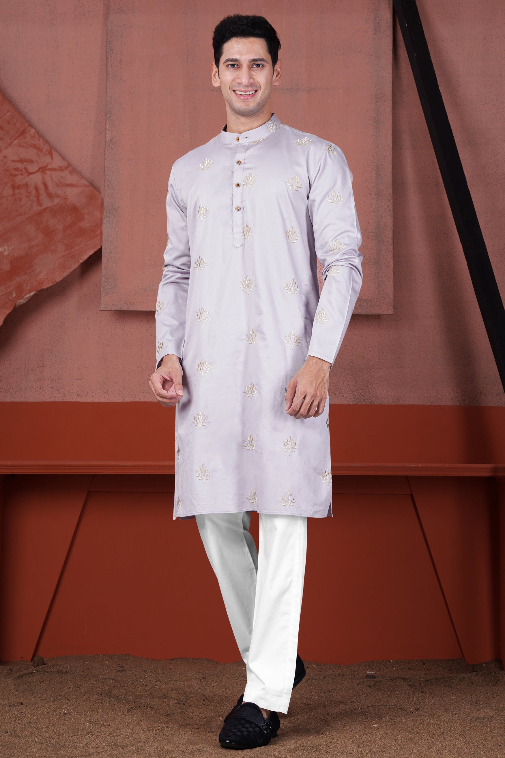 Pearl Lavender Leaves Embroidered Subtle Sheen Super Soft Premium Cotton Designer Kurta