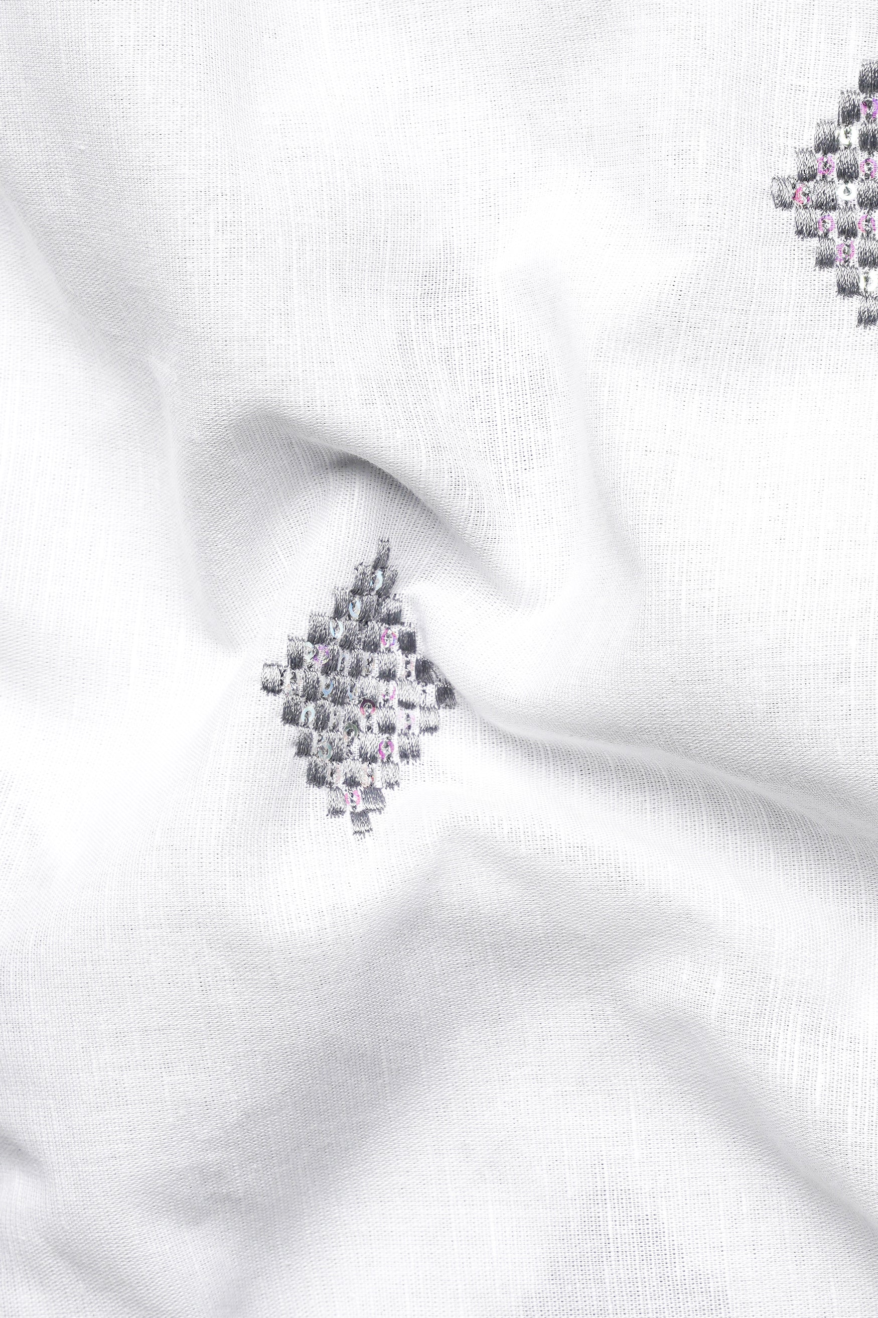 Bright White Geometric Embroidered Luxurious Linen Kurta