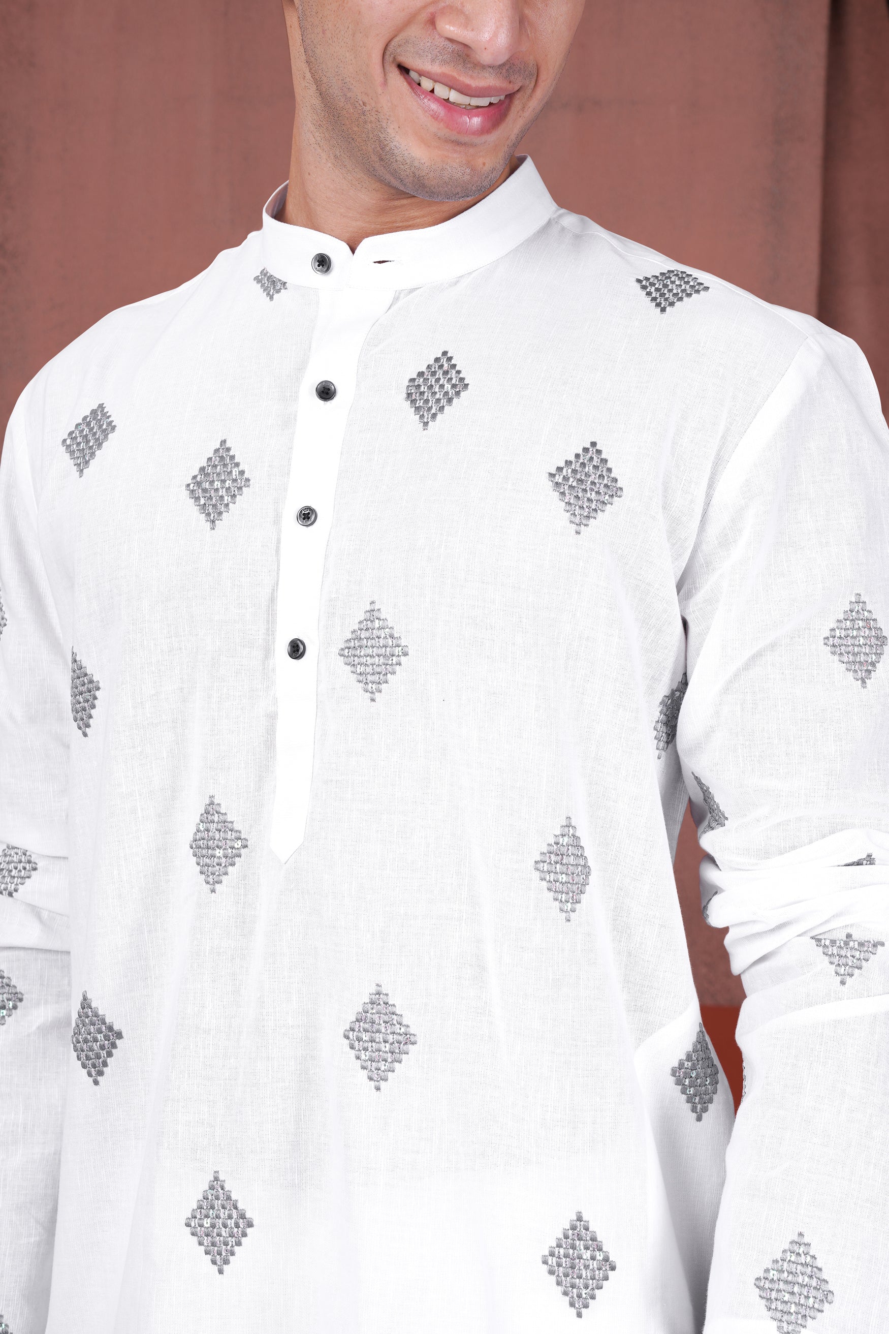 Bright White Geometric Embroidered Luxurious Linen Kurta