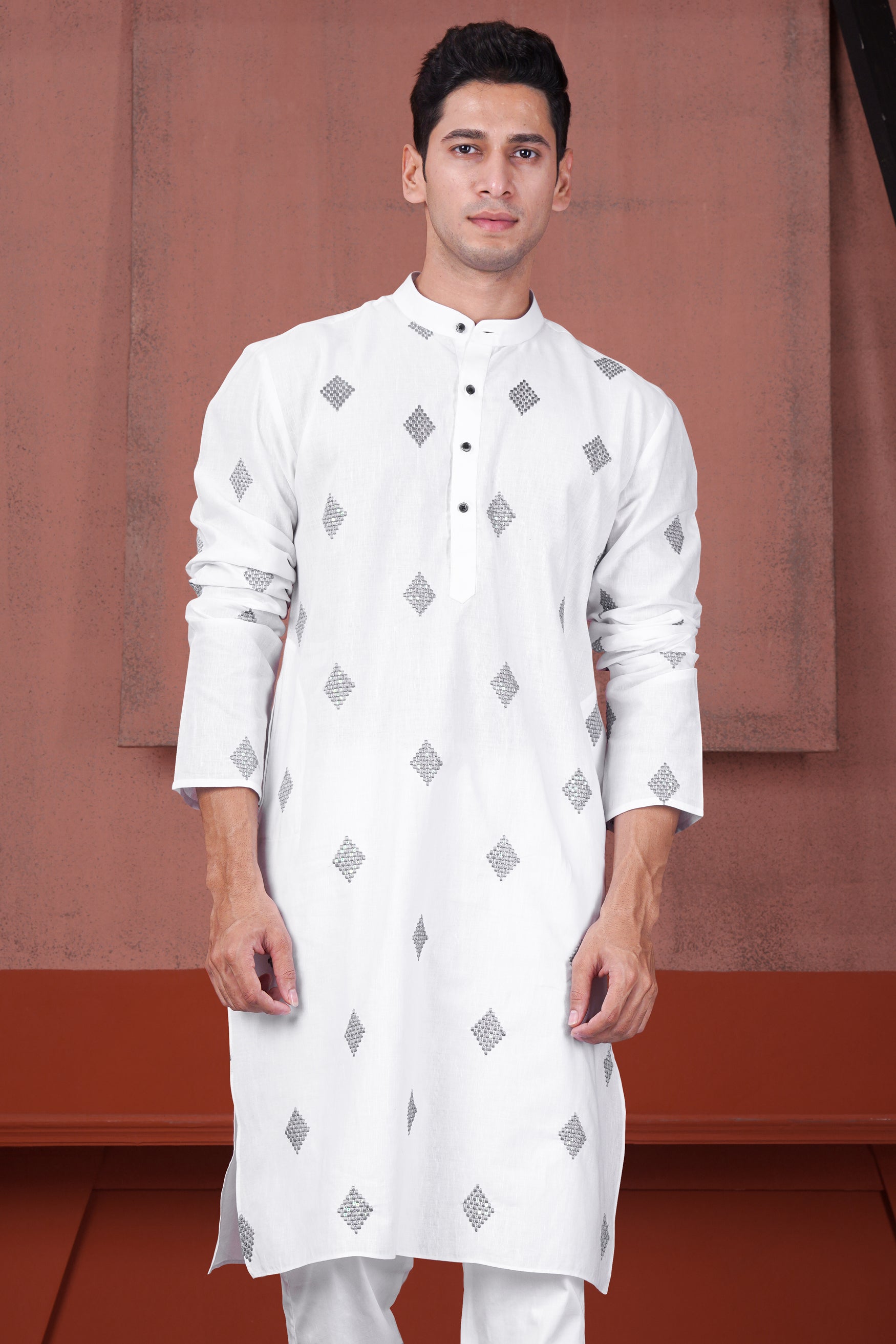 Bright White Geometric Embroidered Luxurious Linen Kurta