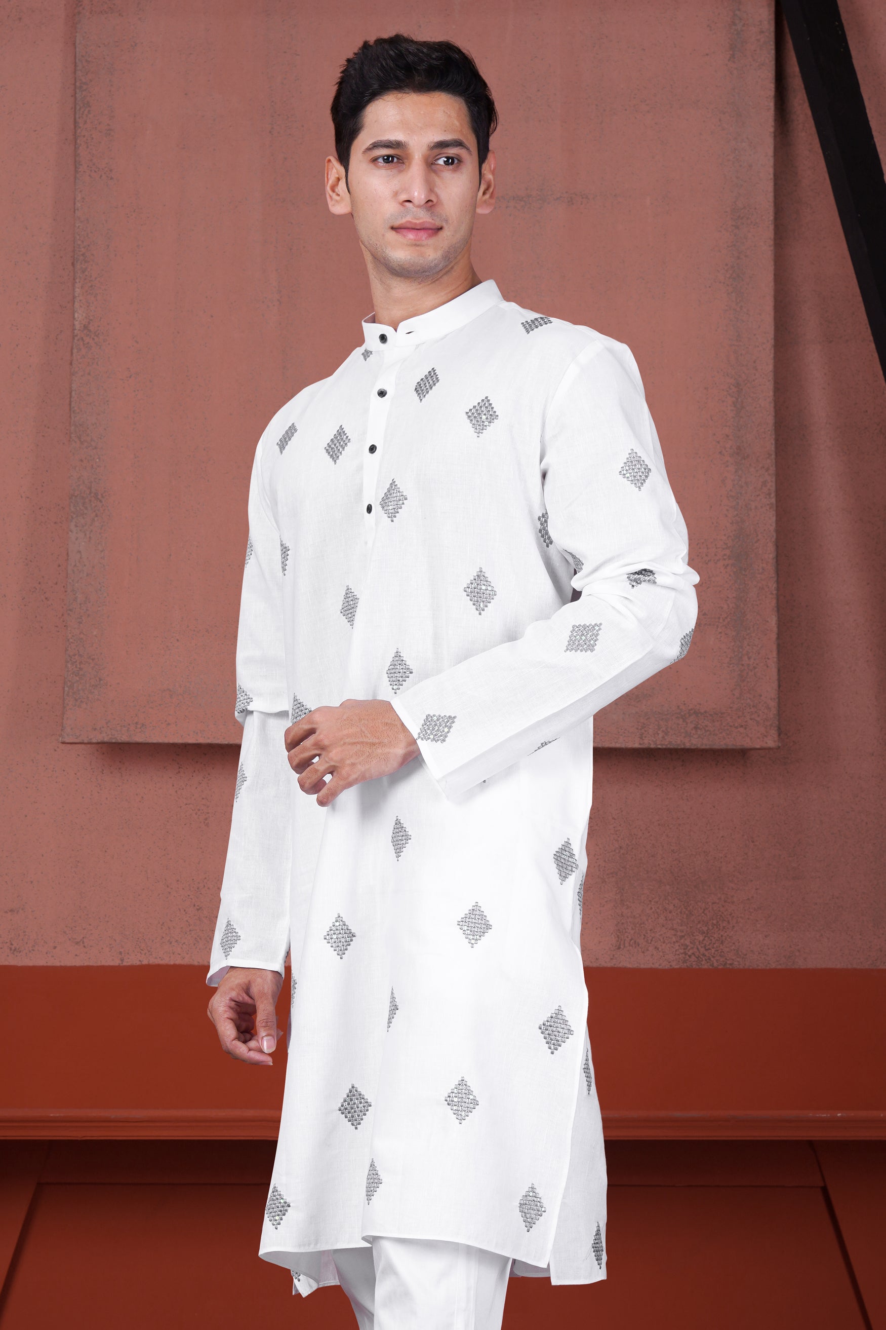 Bright White Geometric Embroidered Luxurious Linen Kurta