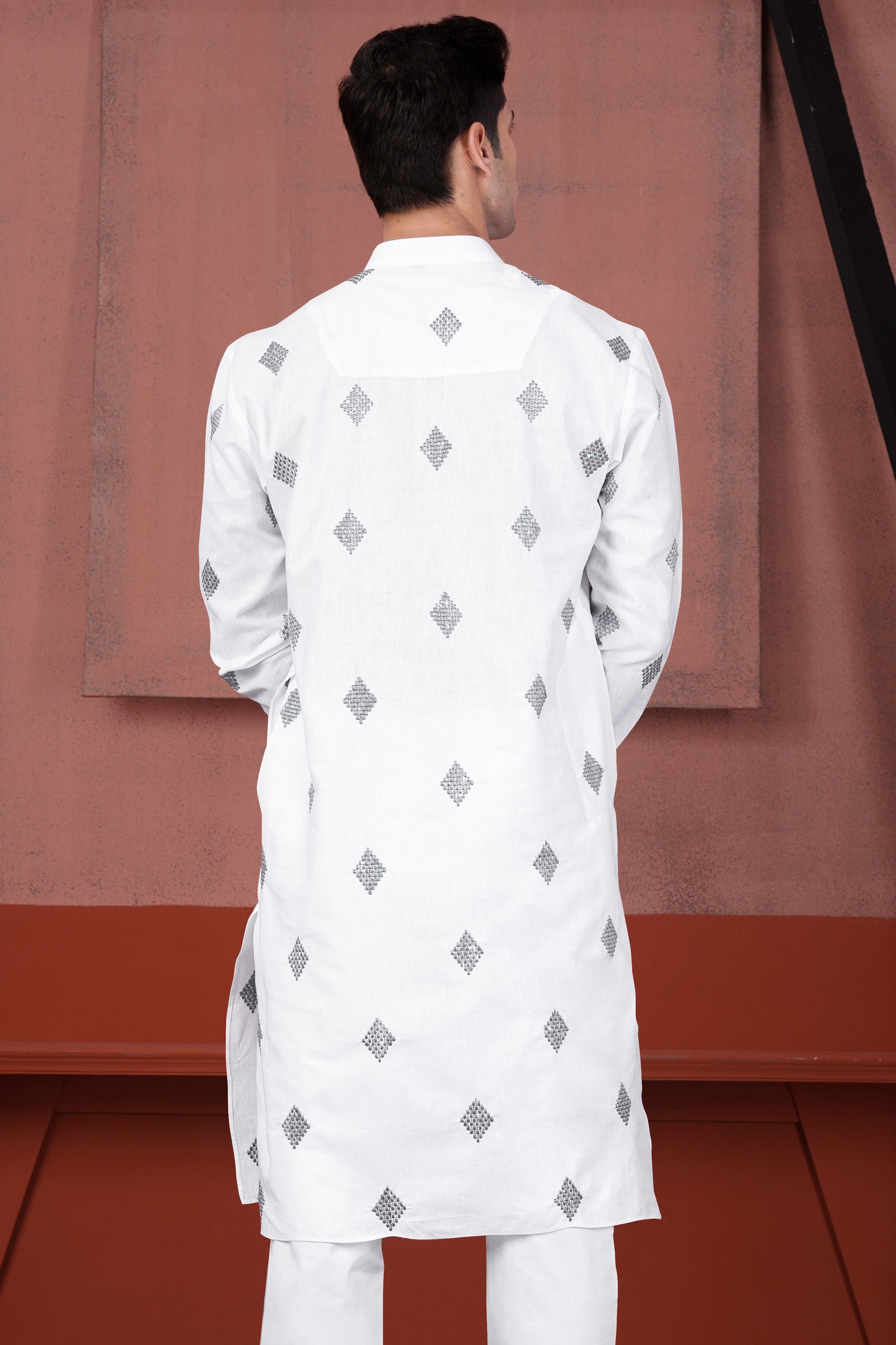 Bright White Geometric Embroidered Luxurious Linen Kurta