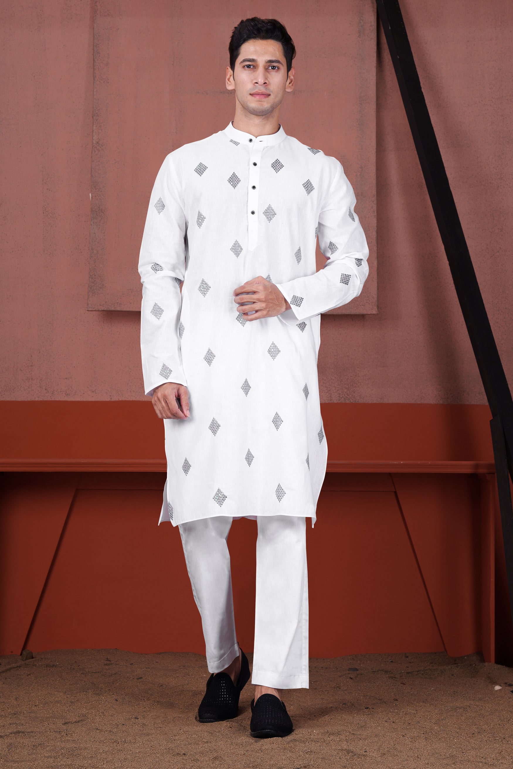 Bright White Geometric Embroidered Luxurious Linen Kurta