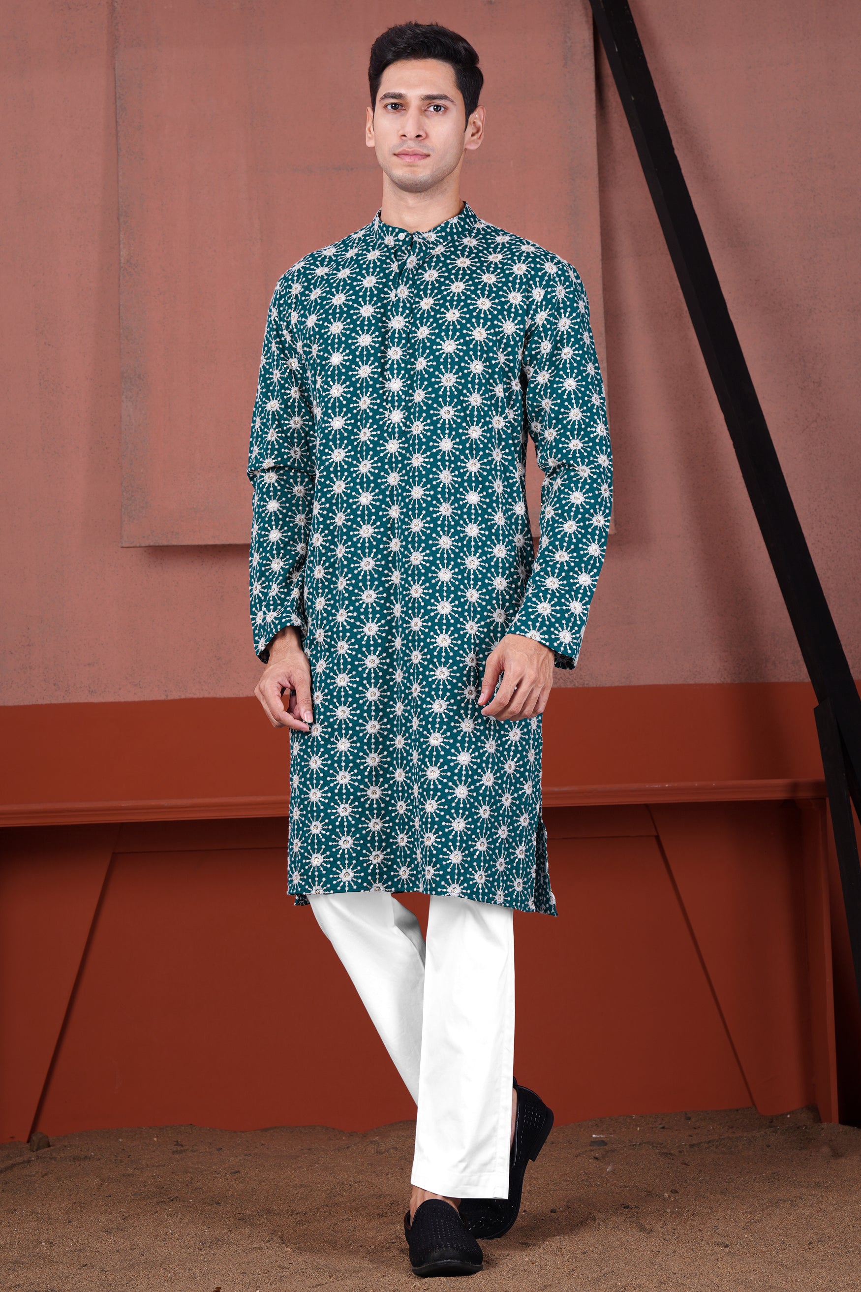 Sherpa Blue and Bright White Floral Embroidered with Sequin Work Viscose Designer Kurta