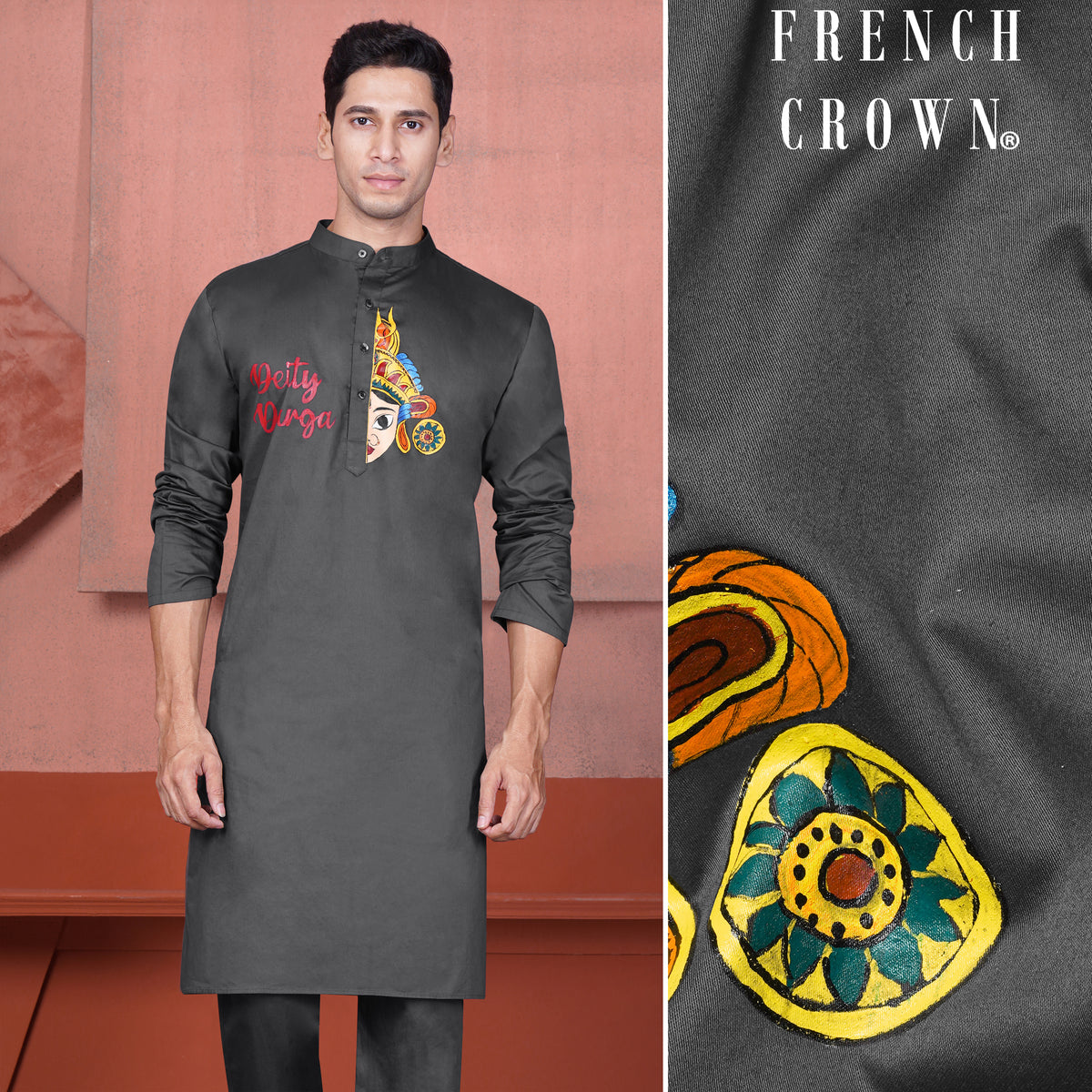 Iridium Gray Deity Durga Hand Painted Cotton Designer Kurta Sets For Men