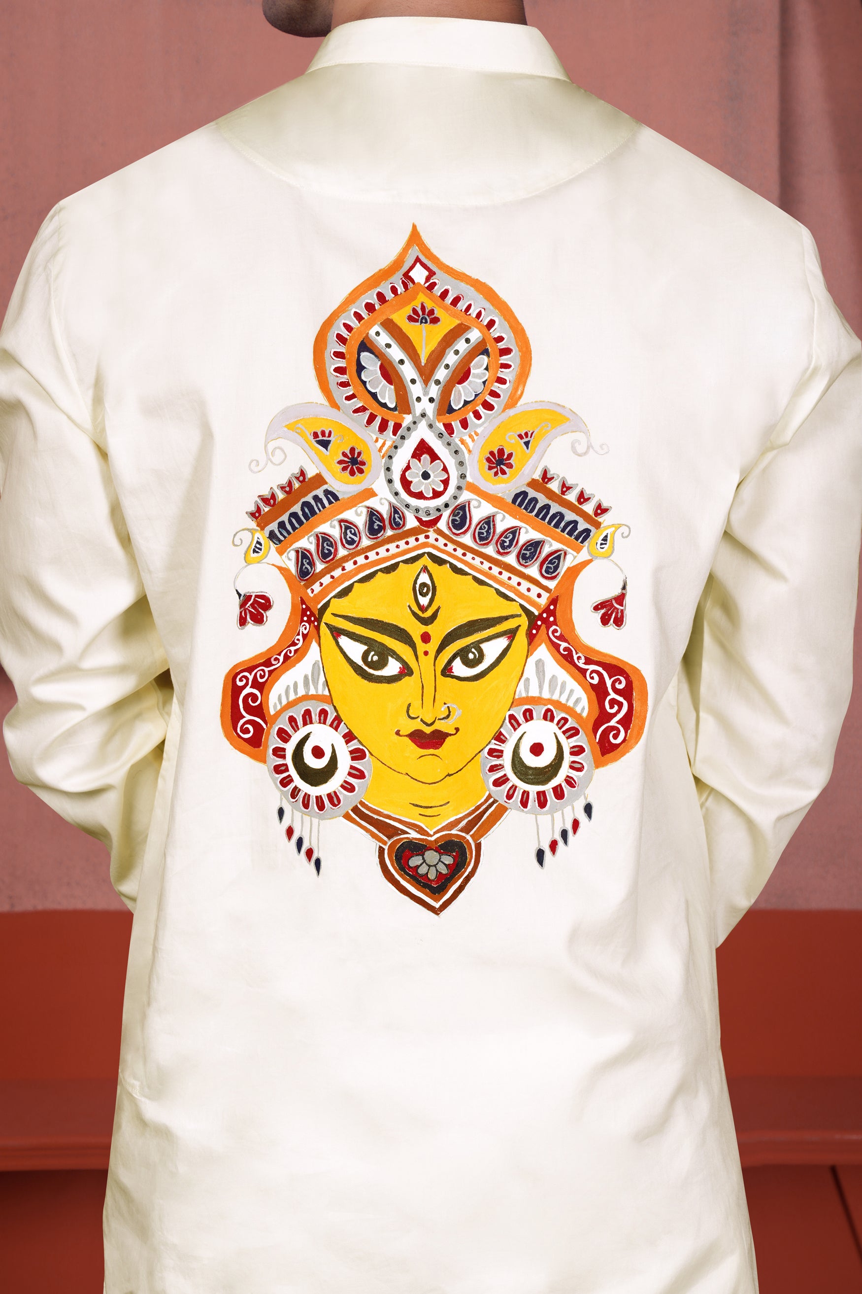 Merino Cream Deity Durga Hand Painted Subtle Sheen Super Soft Premium Designer Kurta