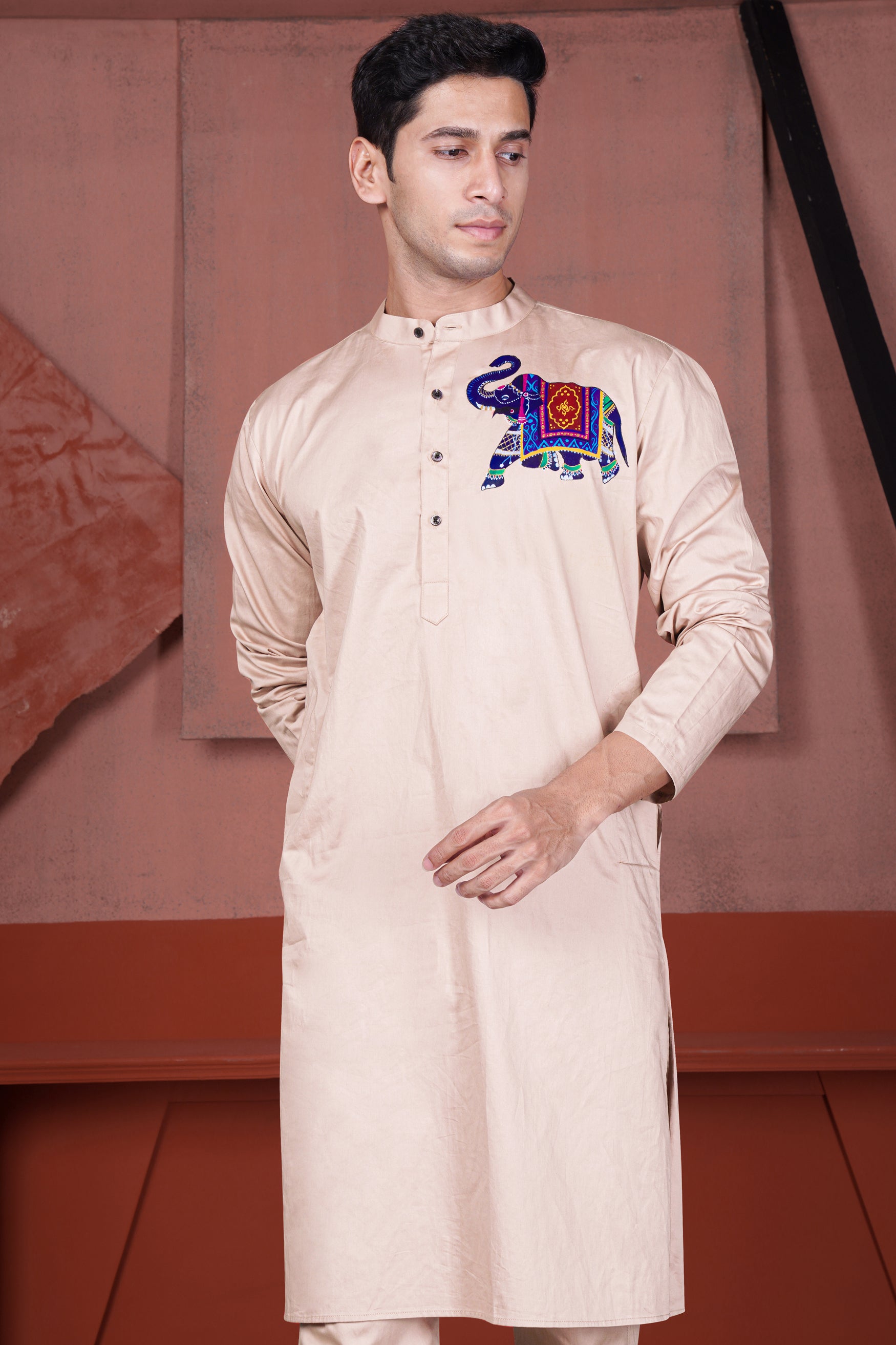 Cavern Peach Elephant Hand Painted Subtle Sheen Super Soft Premium Cotton Designer Kurta