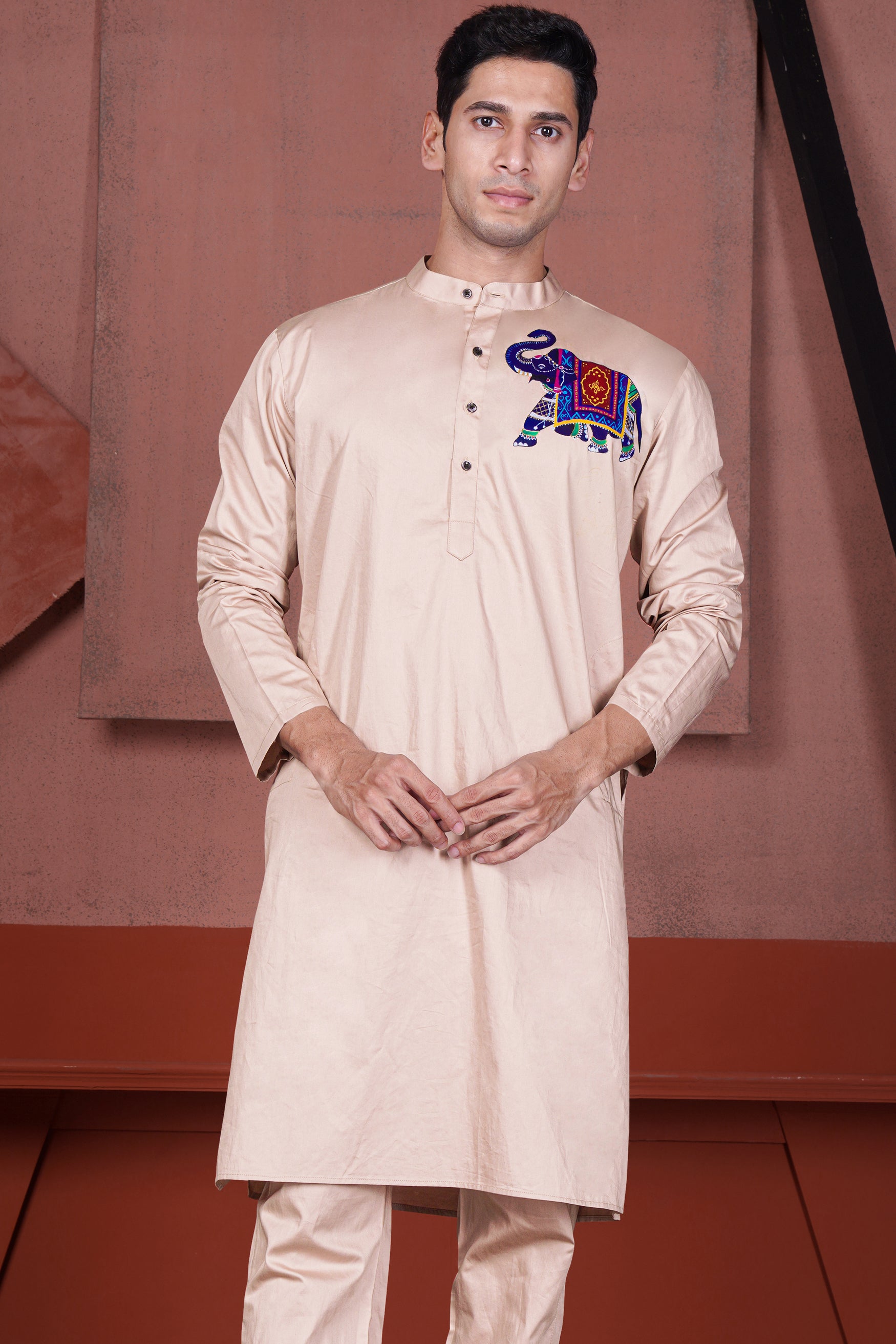 Cavern Peach Elephant Hand Painted Subtle Sheen Super Soft Premium Cotton Designer Kurta