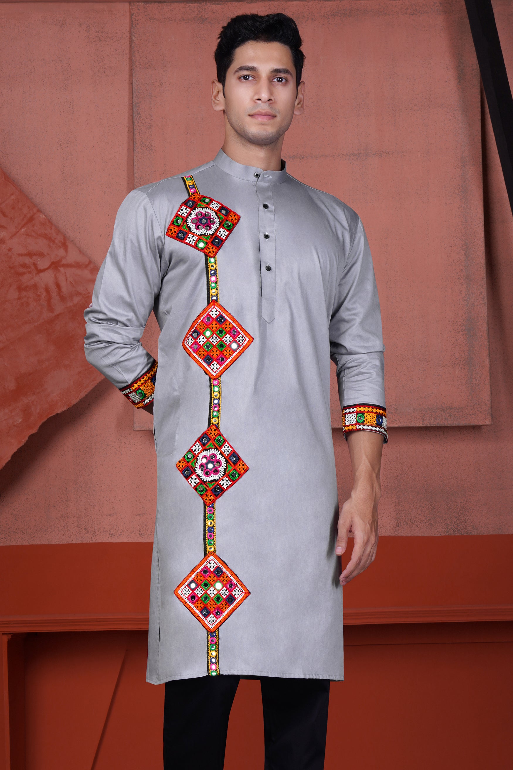 Haze Gray Multicolour Kutch Work Patches with Mirror Work Subtle Sheen Super Soft Premium Cotton Designer Kurta