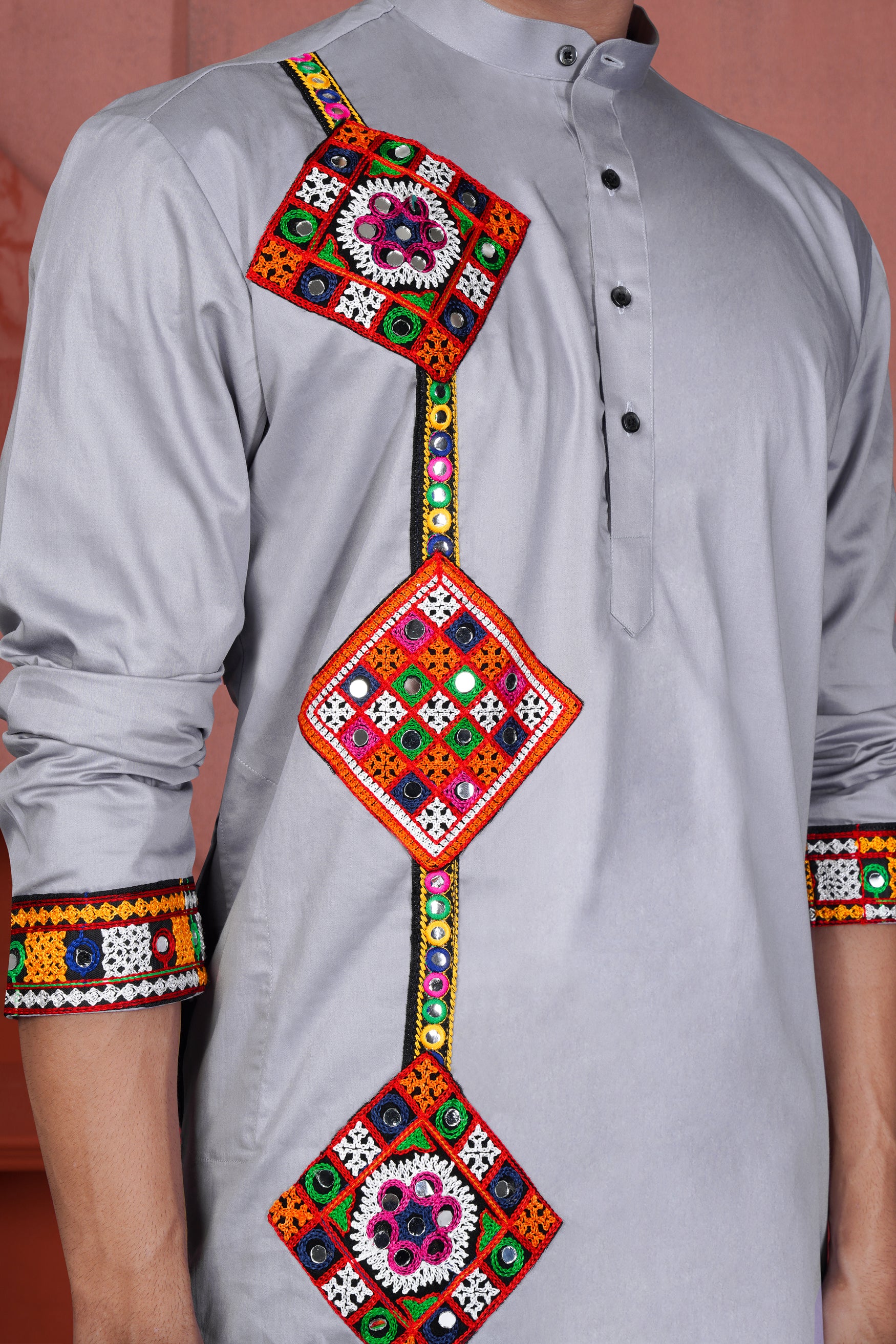 Haze Gray Multicolour Kutch Work Patches with Mirror Work Subtle Sheen Super Soft Premium Cotton Designer Kurta