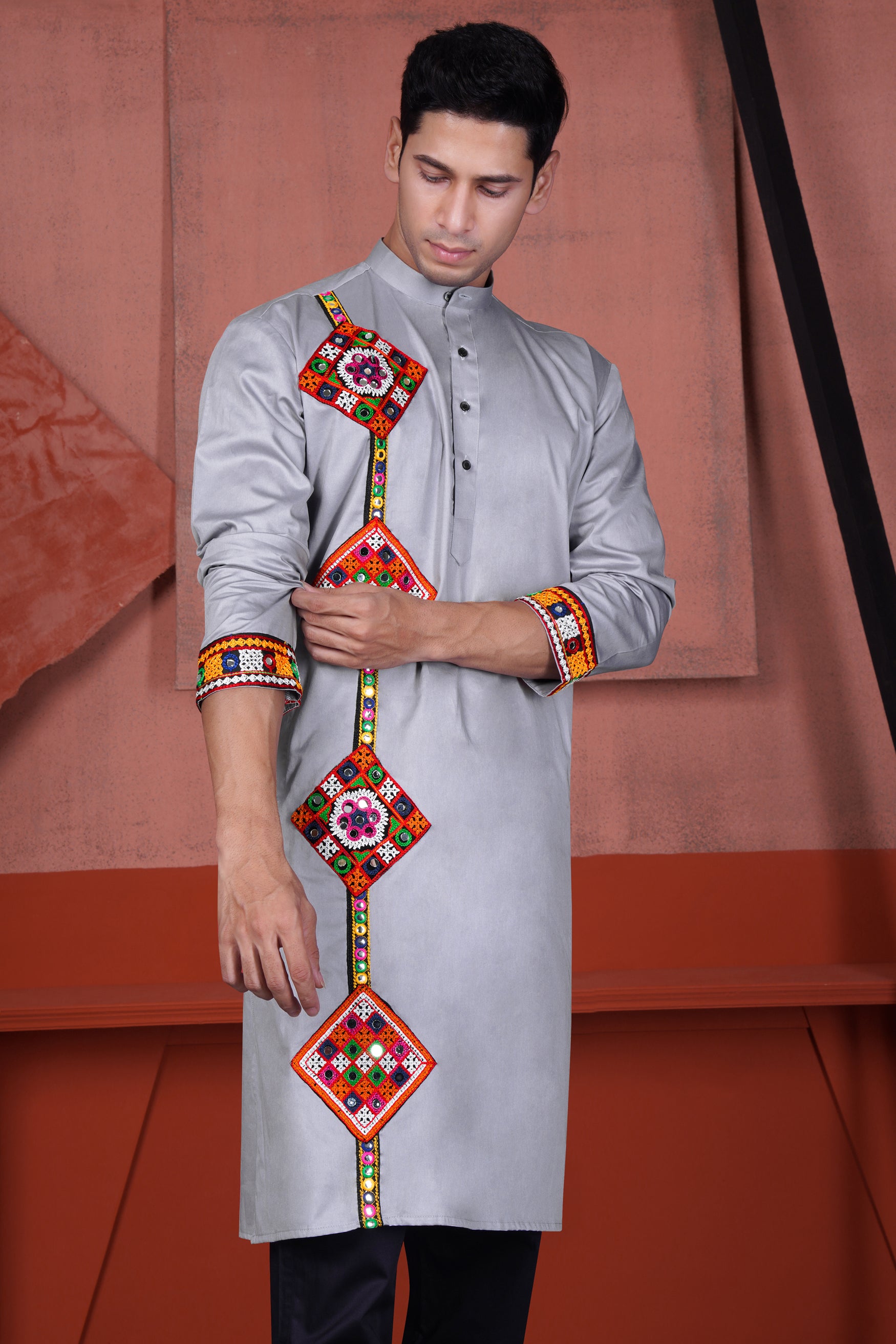 Haze Gray Multicolour Kutch Work Patches with Mirror Work Subtle Sheen Super Soft Premium Cotton Designer Kurta