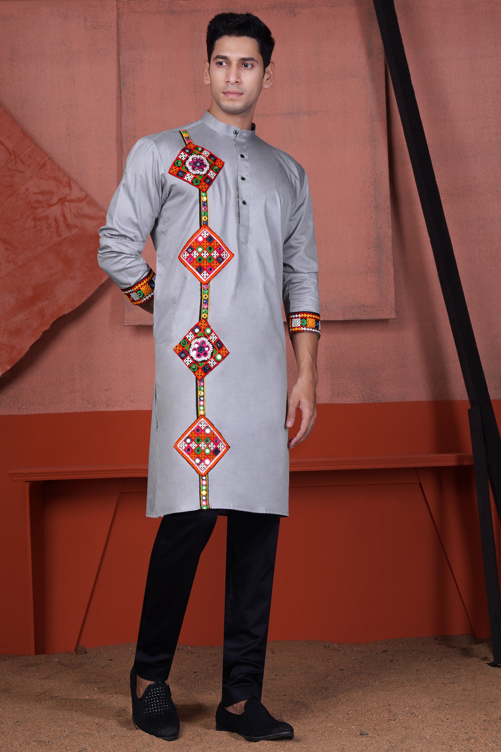 Haze Gray Multicolour Kutch Work Patches with Mirror Work Subtle Sheen Super Soft Premium Cotton Designer Kurta