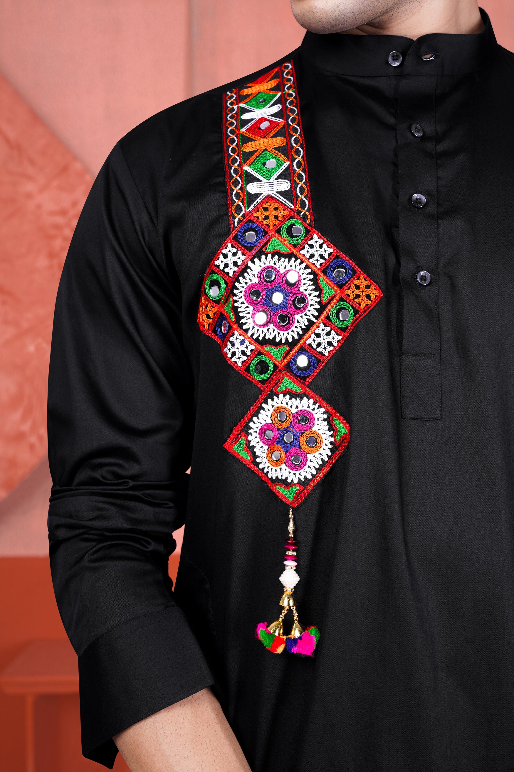 Jade Black Multicolour Kutch Work Patches with Mirror Work Subtle Sheen Super Soft Premium Cotton Designer Kurta