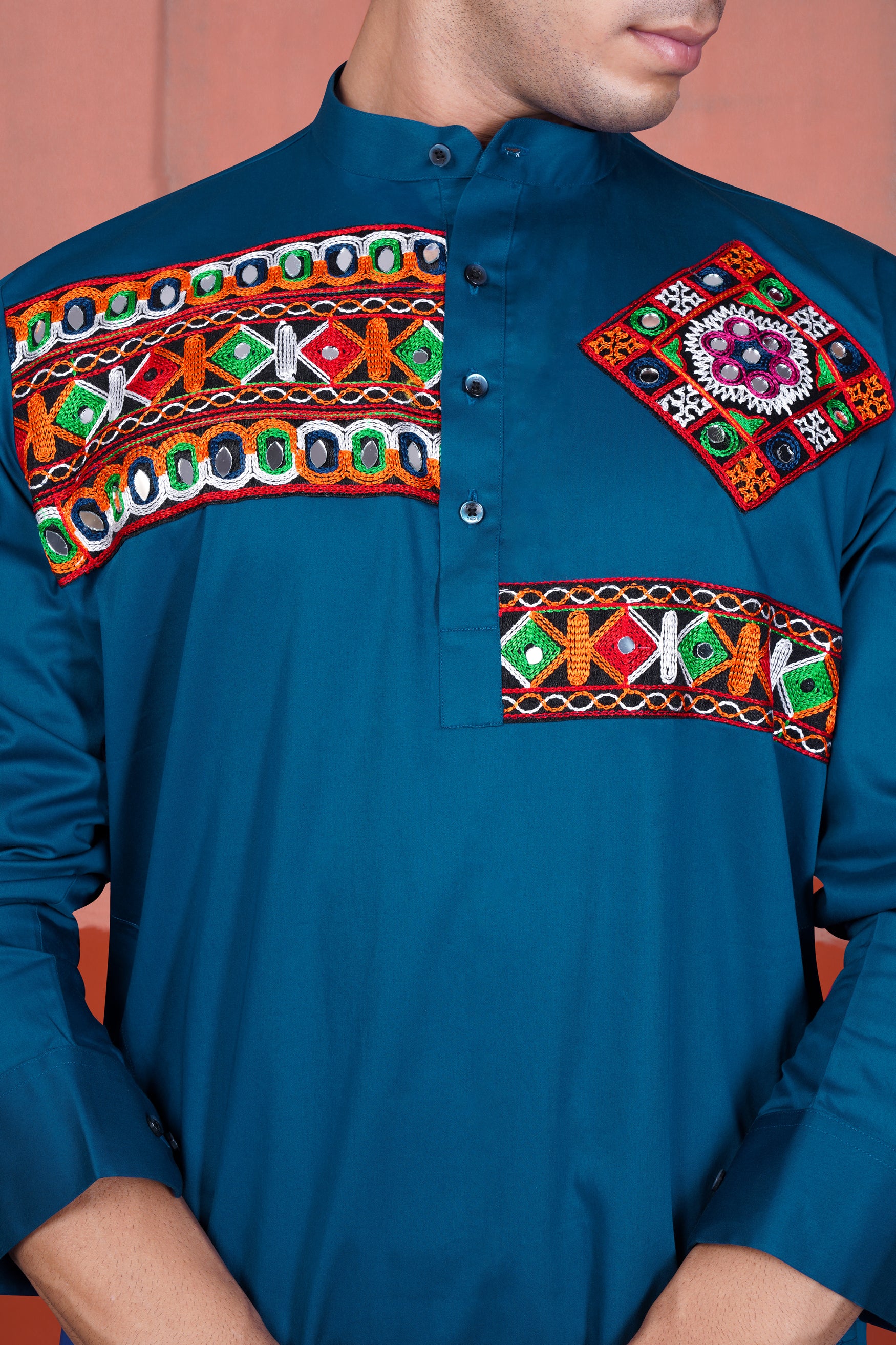 Astronaut Blue Multicolour Kutch Work Patches with Mirror Work Subtle Sheen Super Soft Premium Cotton Designer Kurta