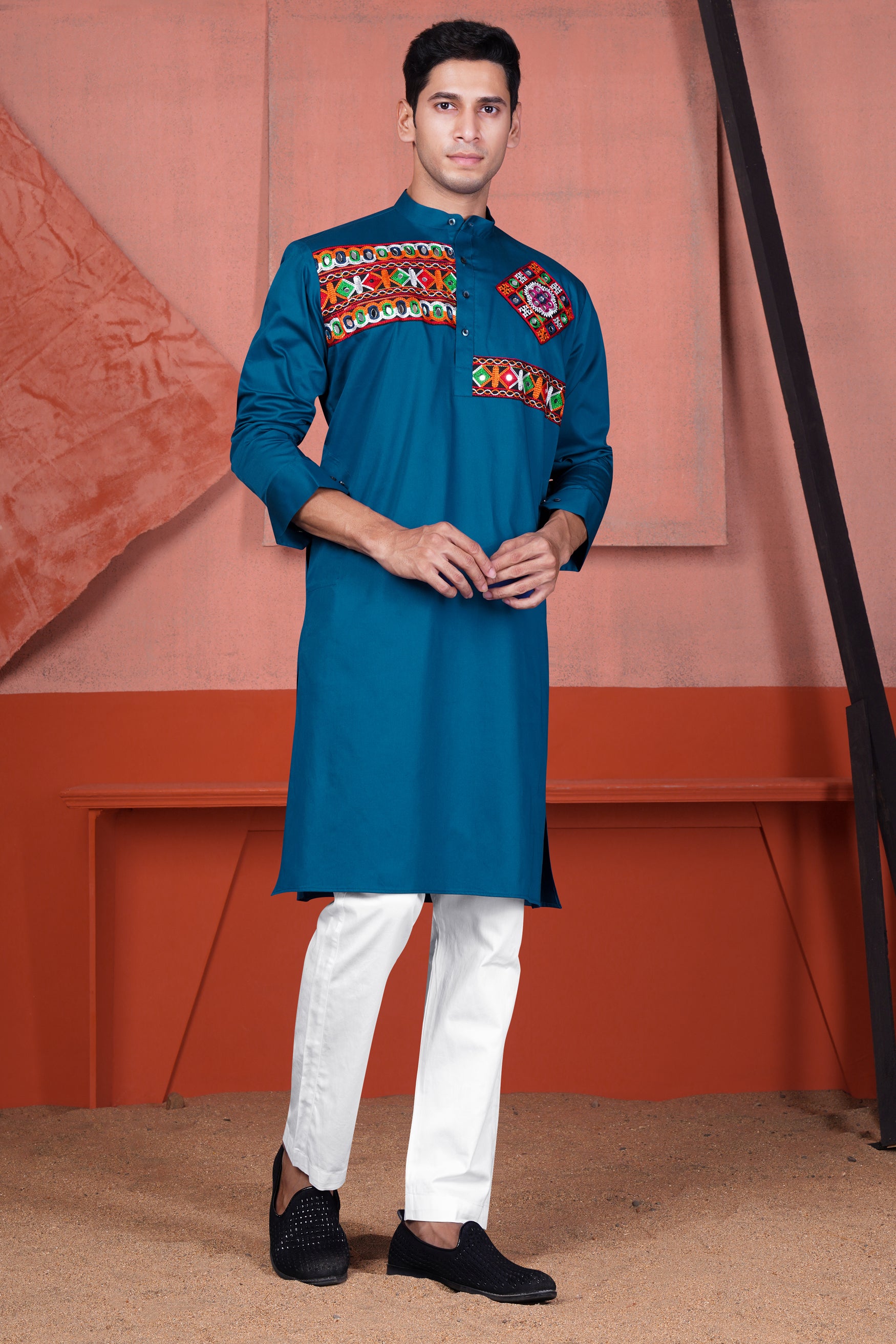 Astronaut Blue Multicolour Kutch Work Patches with Mirror Work Subtle Sheen Super Soft Premium Cotton Designer Kurta