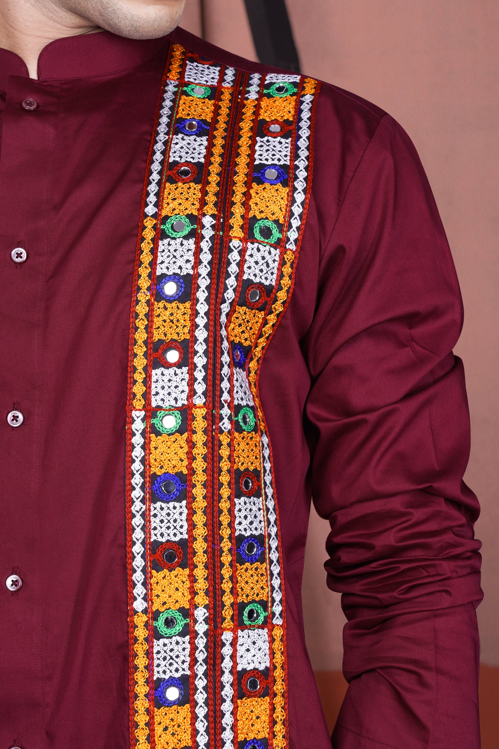 Persian Plum Vertical Kutch Work Patches with Mirror Work Subtle Sheen Super Soft Premium Cotton Designer Kurta