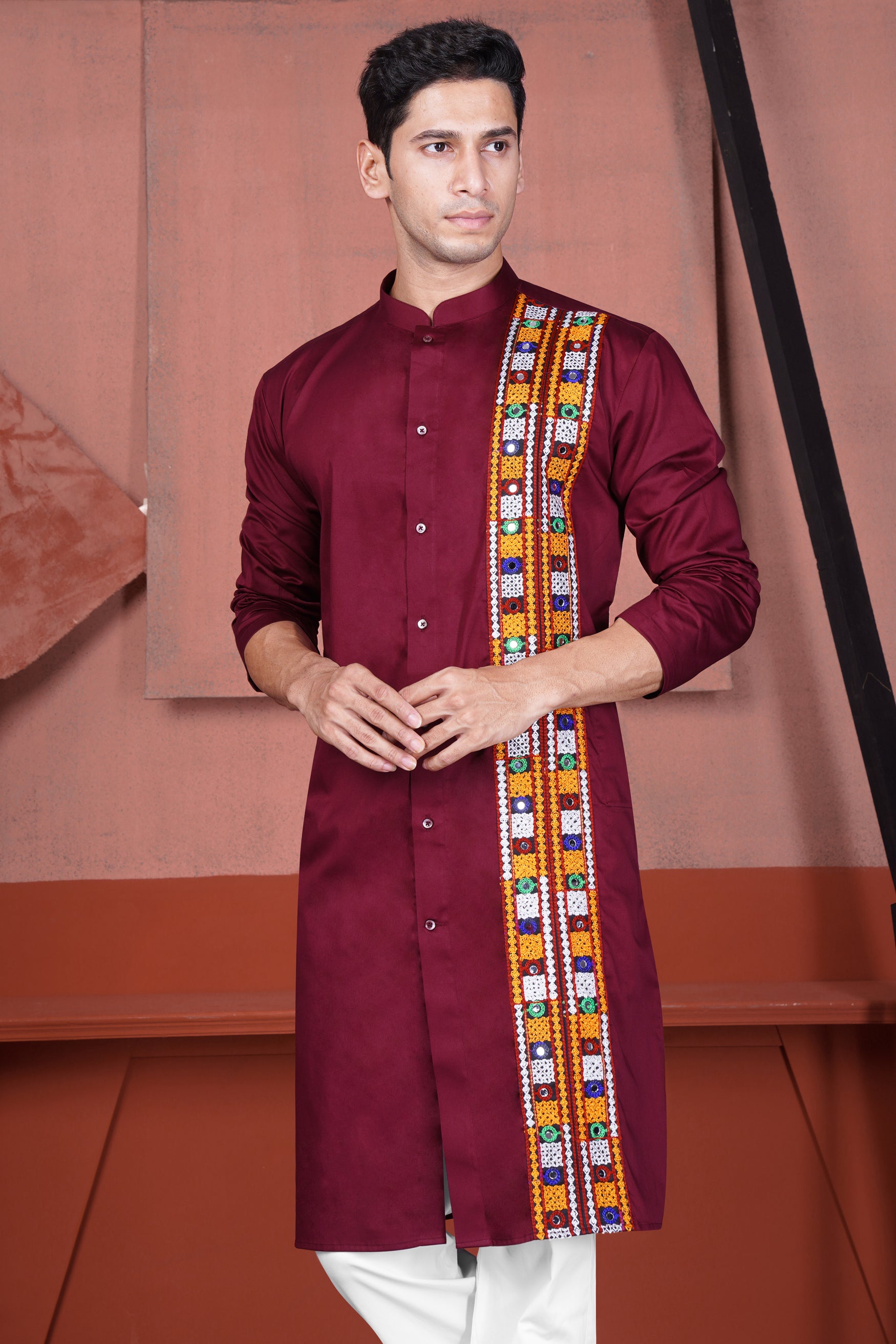 Persian Plum Vertical Kutch Work Patches with Mirror Work Subtle Sheen Super Soft Premium Cotton Designer Kurta