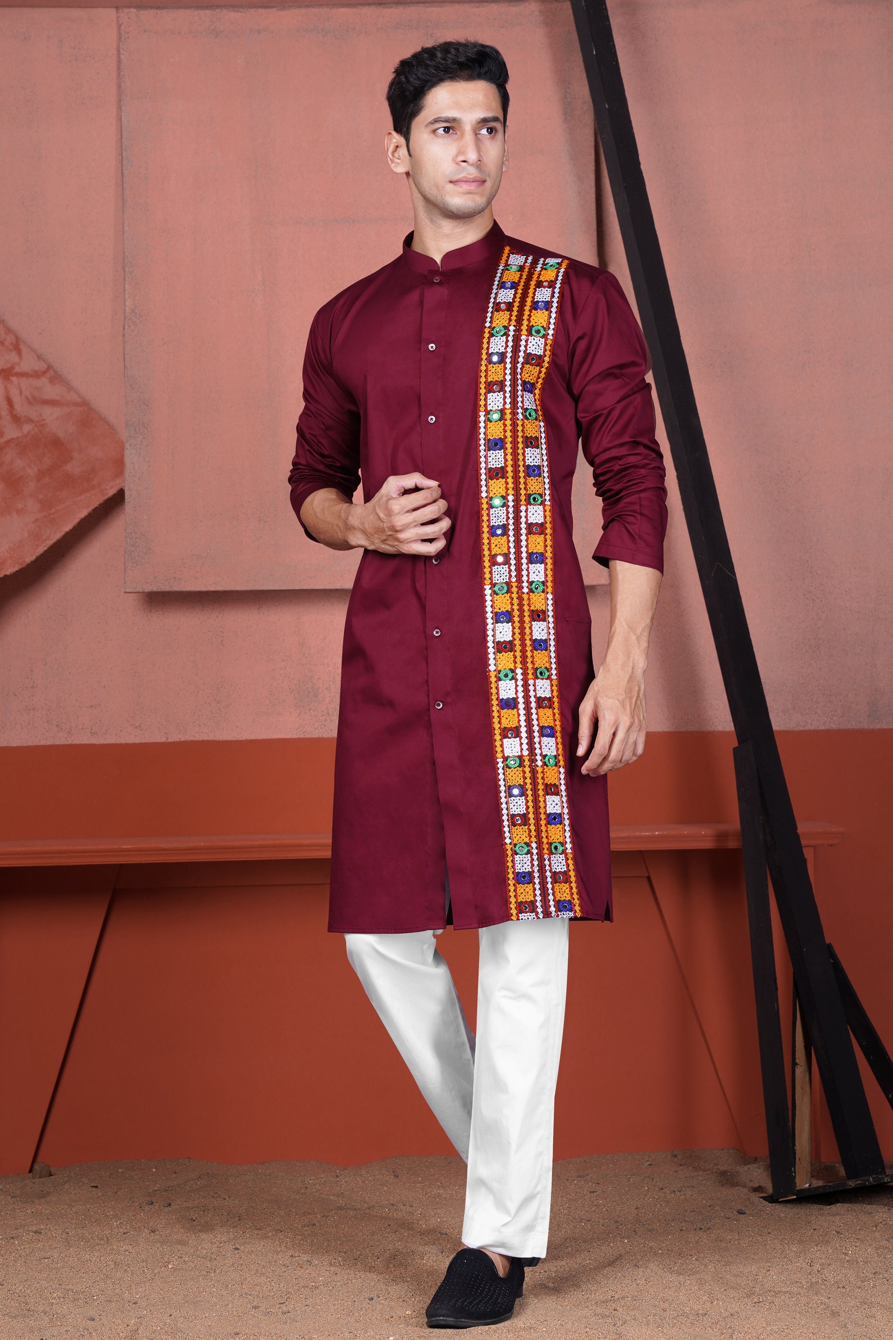 Persian Plum Vertical Kutch Work Patches with Mirror Work Subtle Sheen Super Soft Premium Cotton Designer Kurta