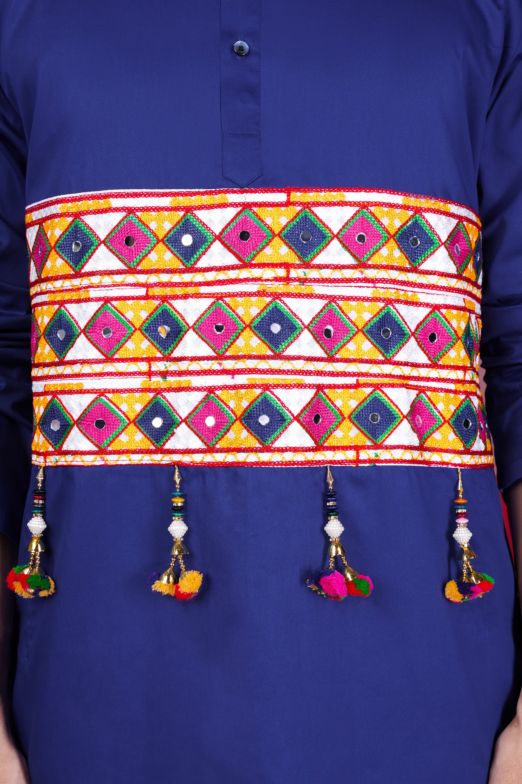 Admiral Blue Horizontal Kutch Work Patches with Mirror Work Subtle Sheen Super Soft Premium Cotton Designer Kurta