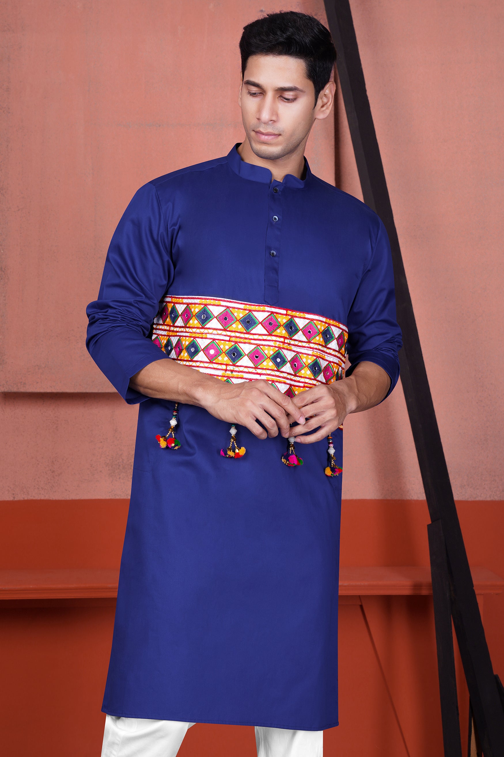 Admiral Blue Horizontal Kutch Work Patches with Mirror Work Subtle Sheen Super Soft Premium Cotton Designer Kurta