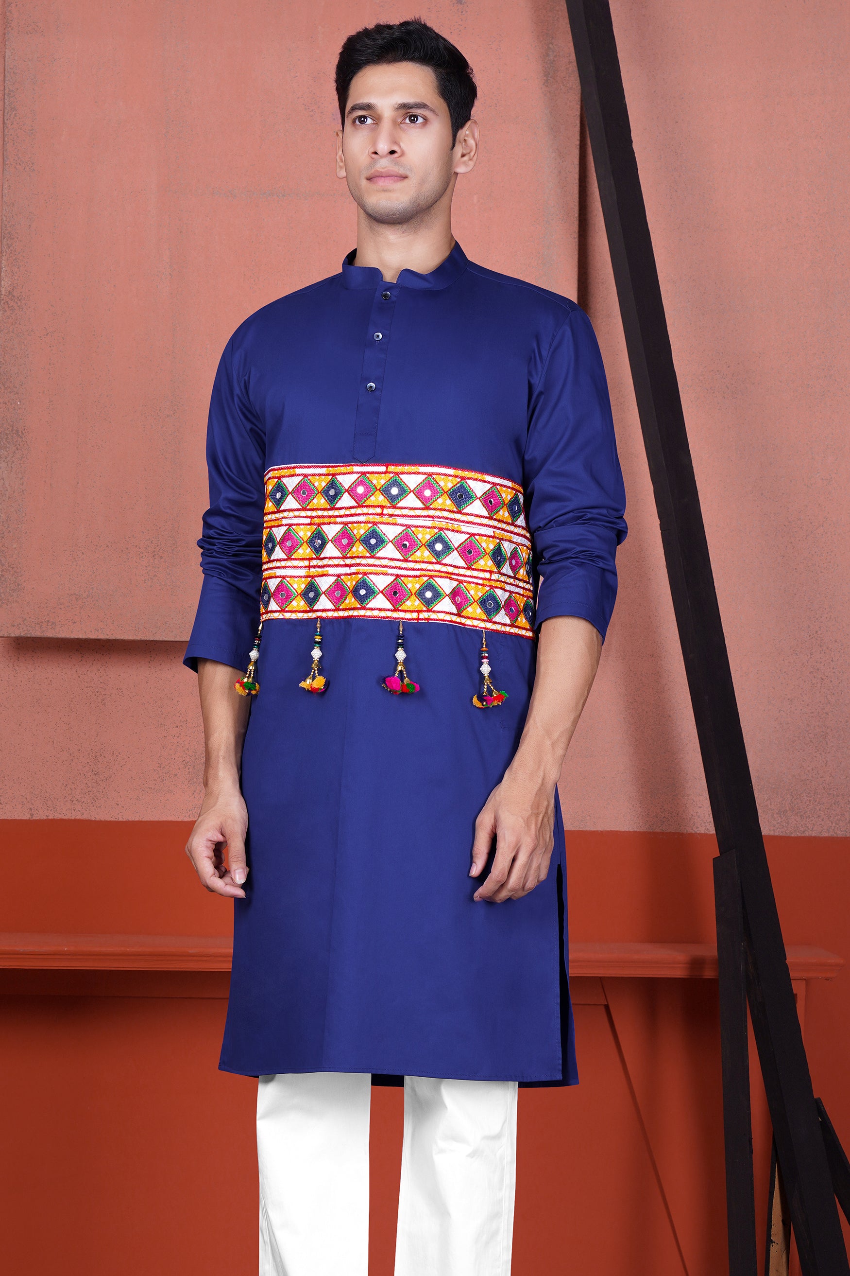 Admiral Blue Horizontal Kutch Work Patches with Mirror Work Subtle Sheen Super Soft Premium Cotton Designer Kurta