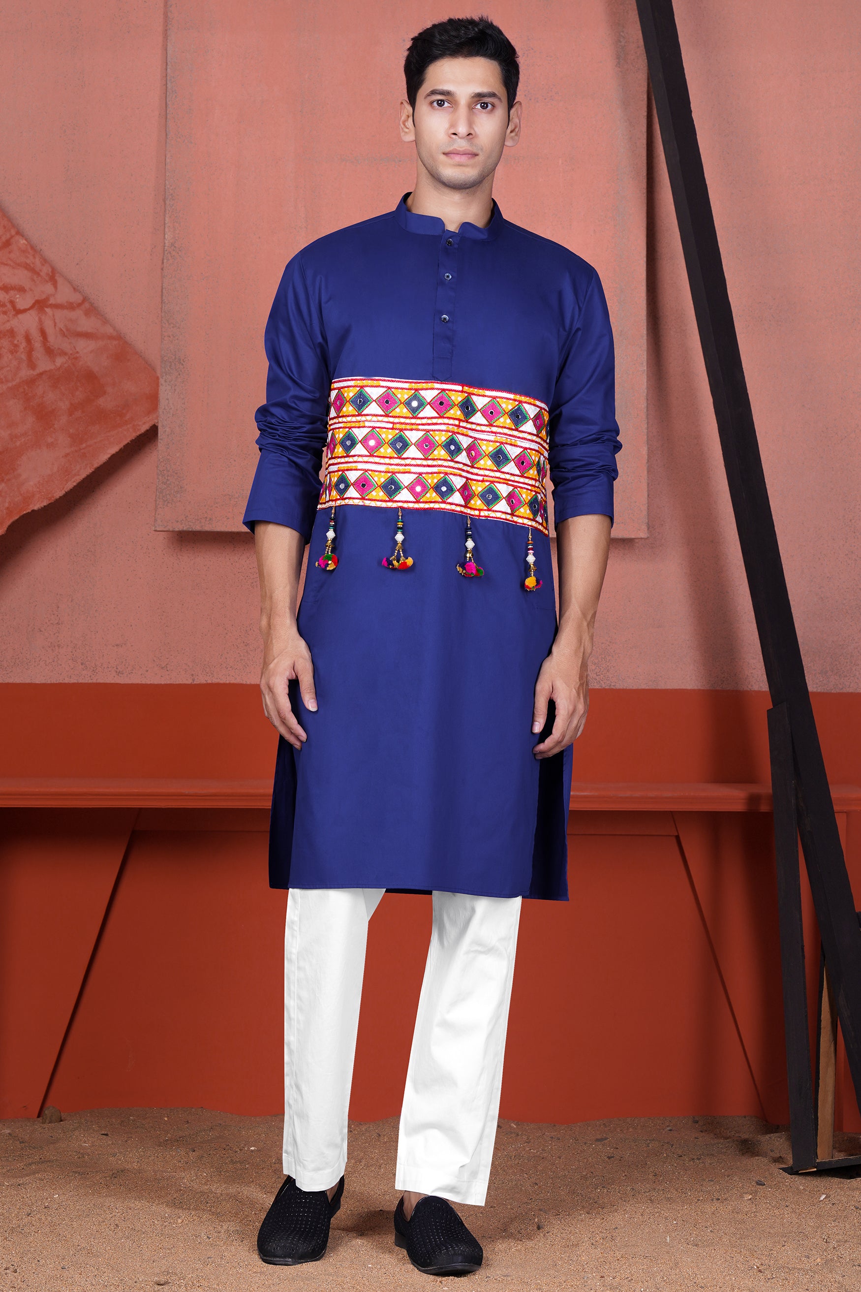 Admiral Blue Horizontal Kutch Work Patches with Mirror Work Subtle Sheen Super Soft Premium Cotton Designer Kurta