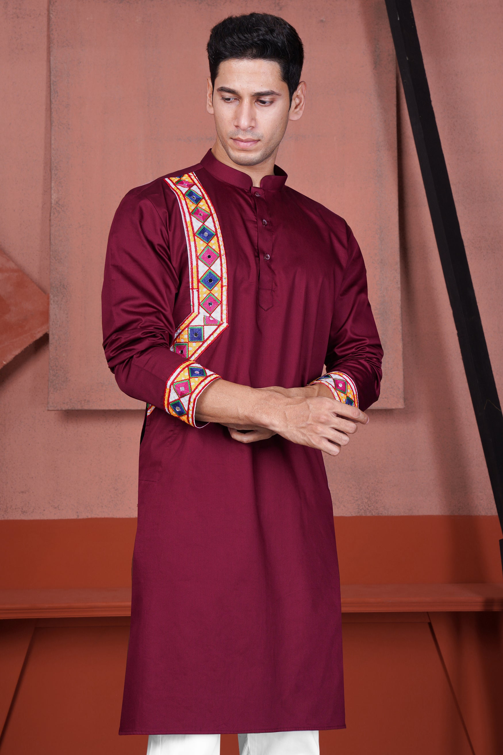 Crater Maroon Kutch Work Patches with Mirror Work Subtle Sheen Super Soft Premium Cotton Designer Kurta