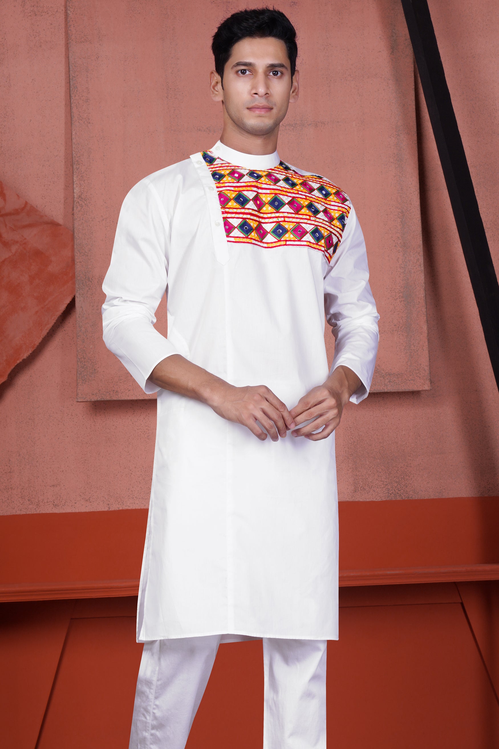 Bright White Multicolour Kutch Work Patches with Mirror Work Premium Cotton Designer Kurta