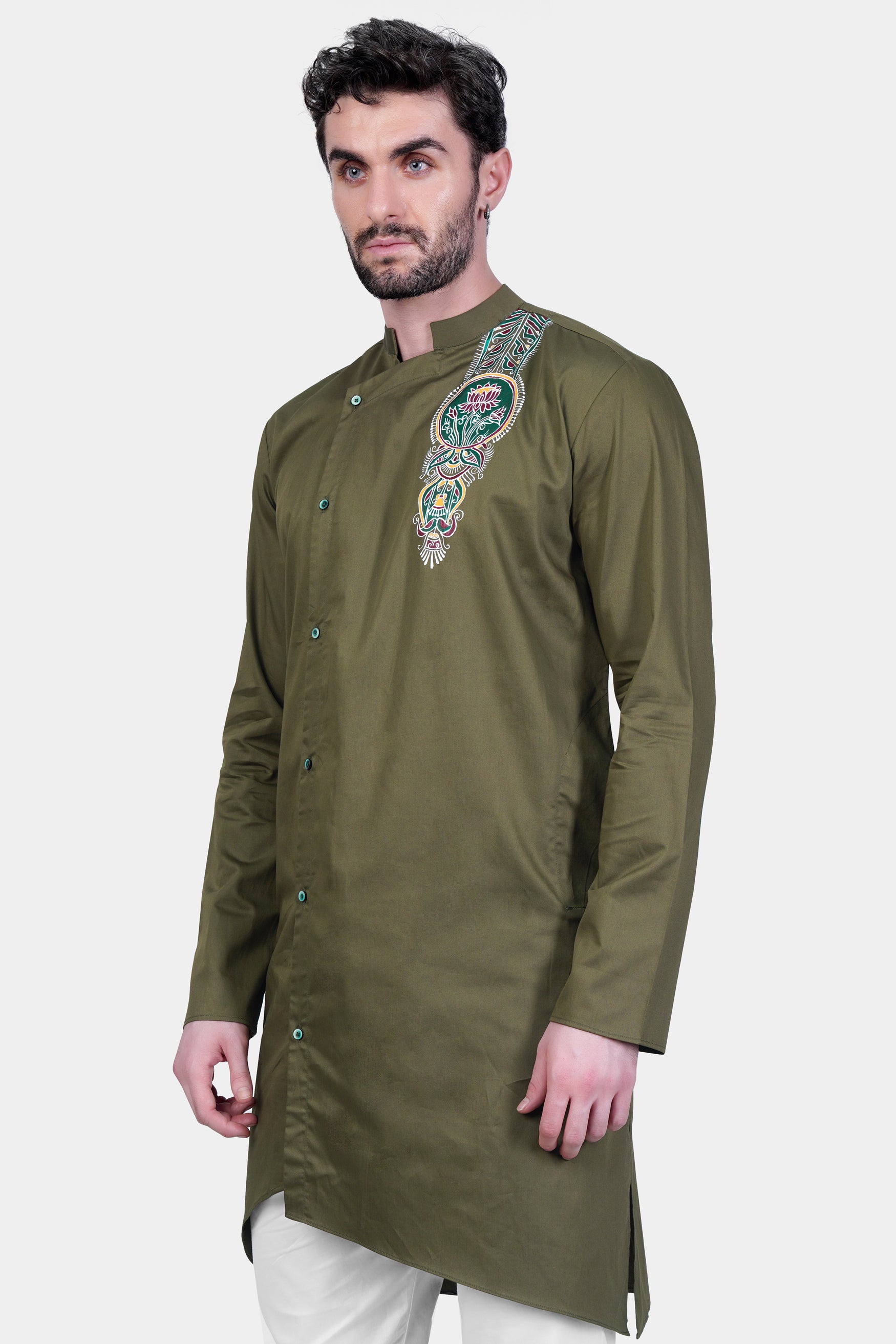 Hemlock Green Alpana Art Hand Painted Subtle Sheen Super Soft Premium Cotton Designer kurta