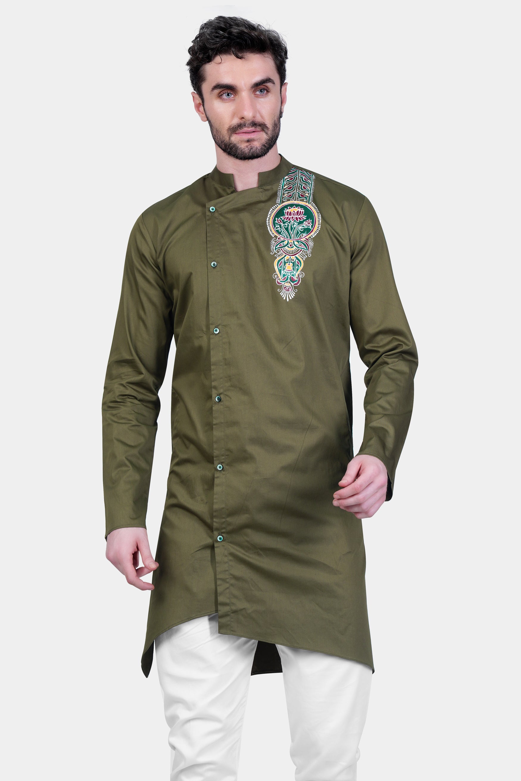 Hemlock Green Alpana Art Hand Painted Subtle Sheen Super Soft Premium Cotton Designer kurta