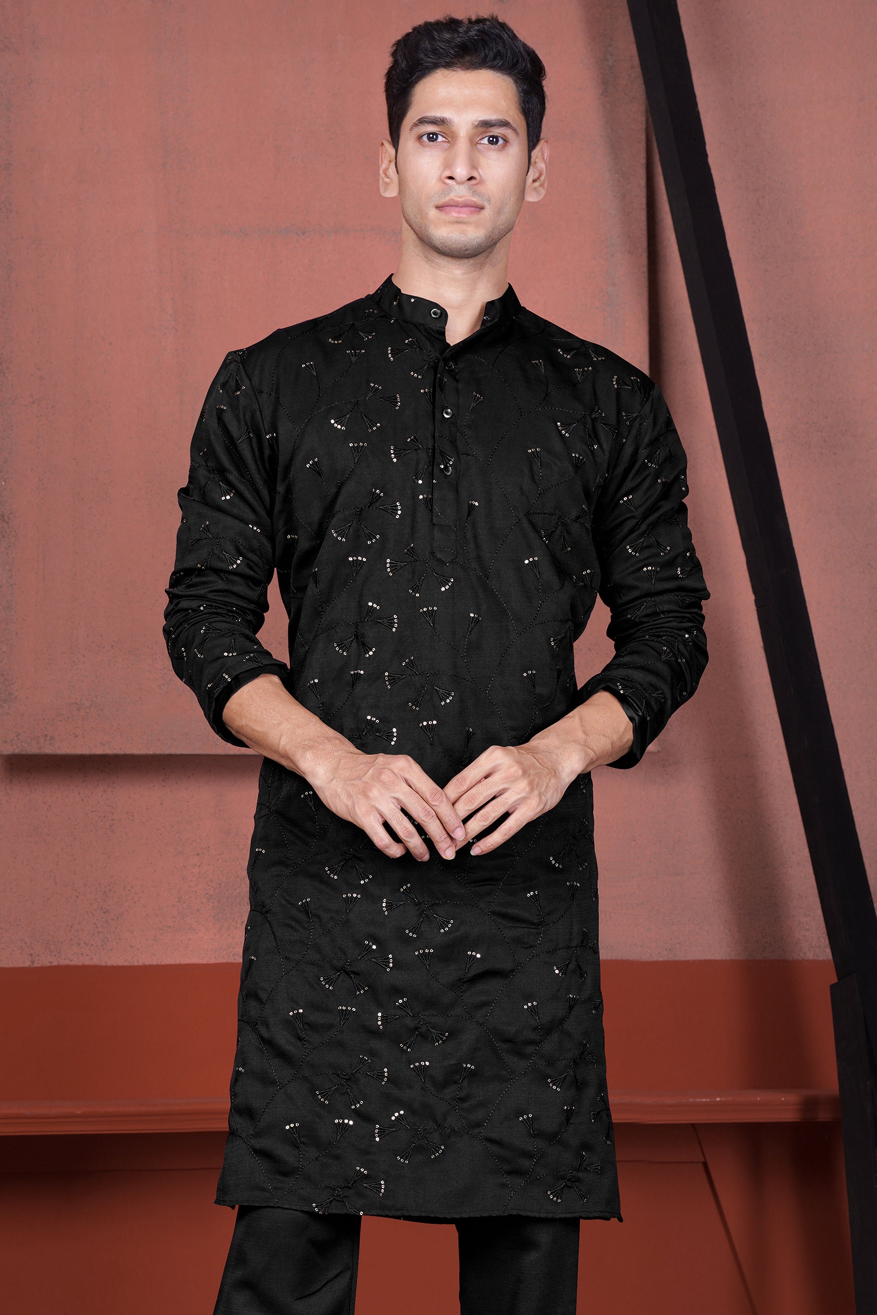 Jade Black Viscose Embroidered with Tikki Work Designer Kurta