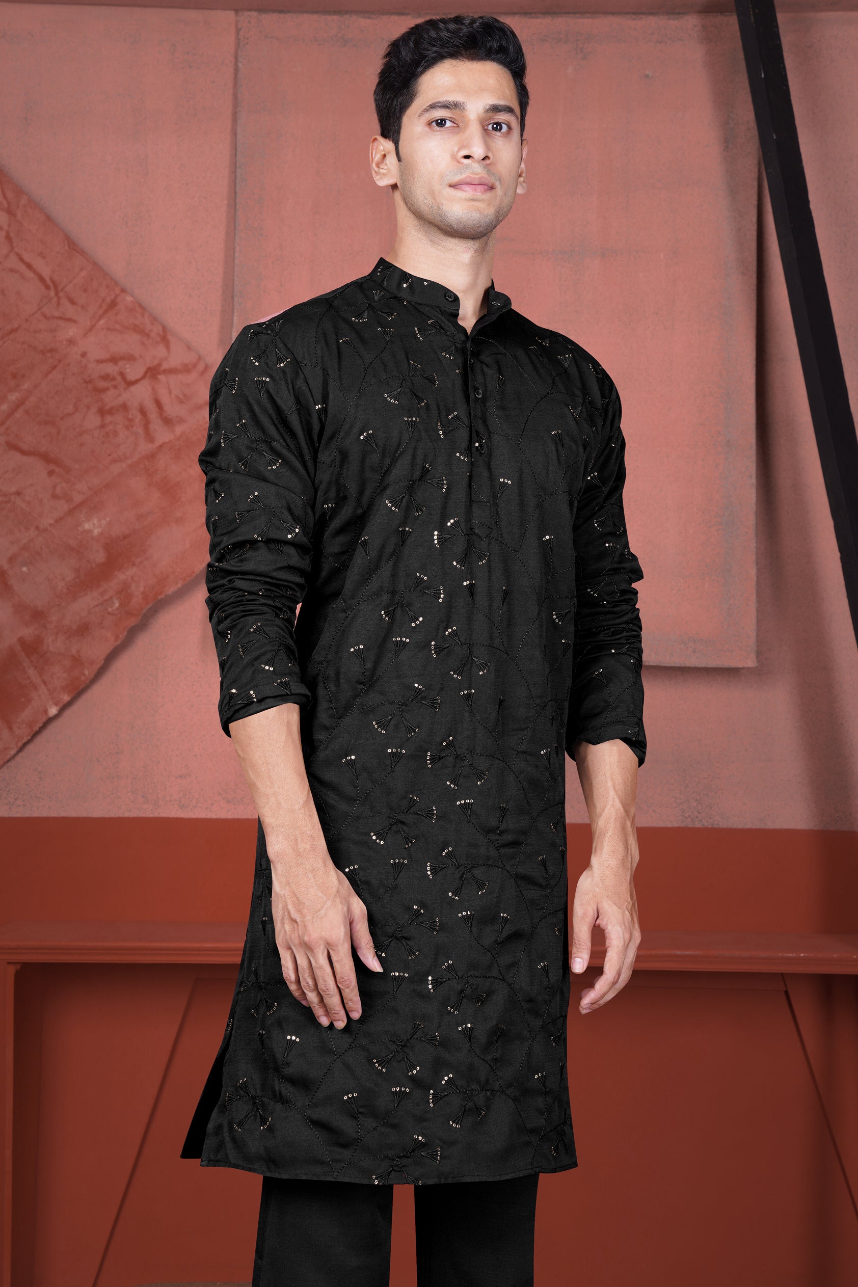 Jade Black Viscose Embroidered with Tikki Work Designer Kurta