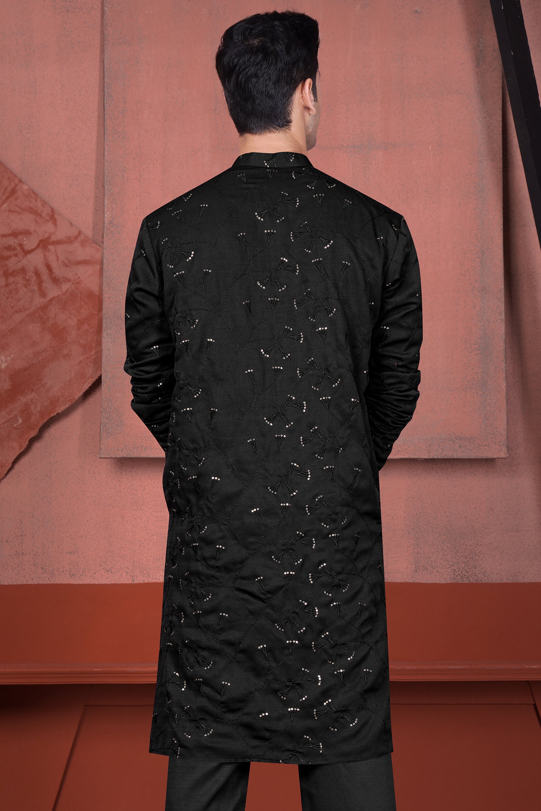 Jade Black Viscose Embroidered with Tikki Work Designer Kurta