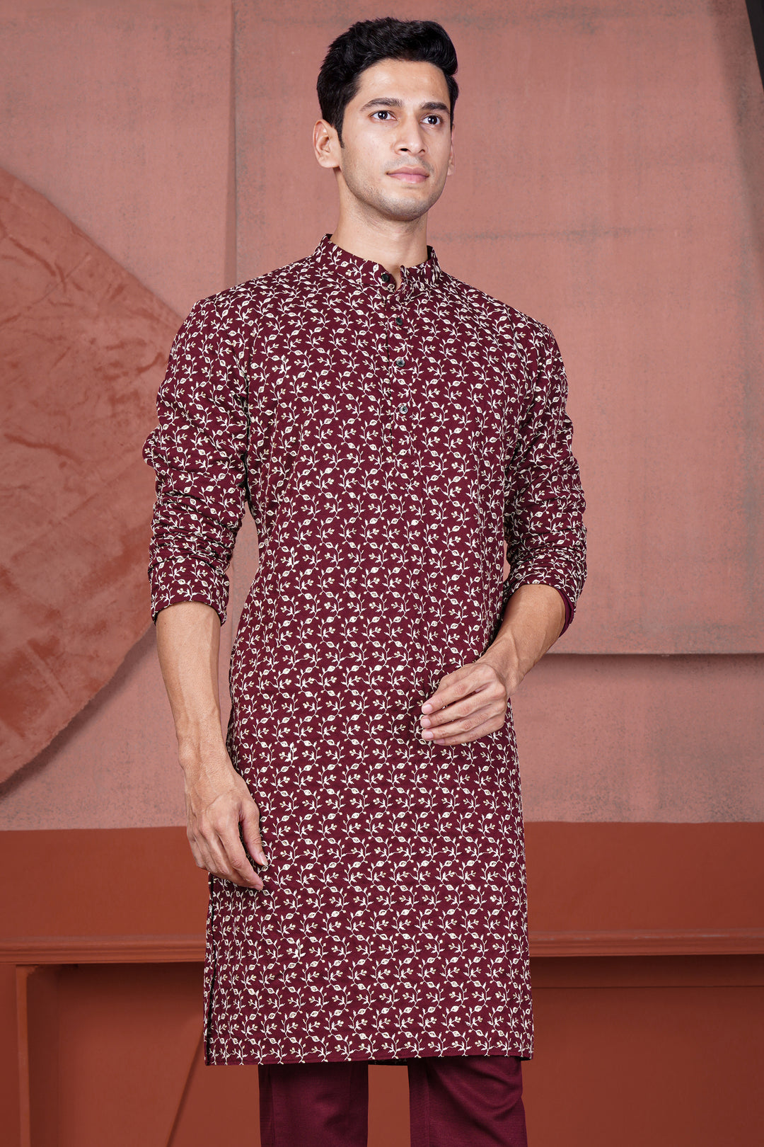 MULBERRY MAROON VISCOSE DITSY EMBROIDERED WITH TIKKI WORK DESIGNER KURTA