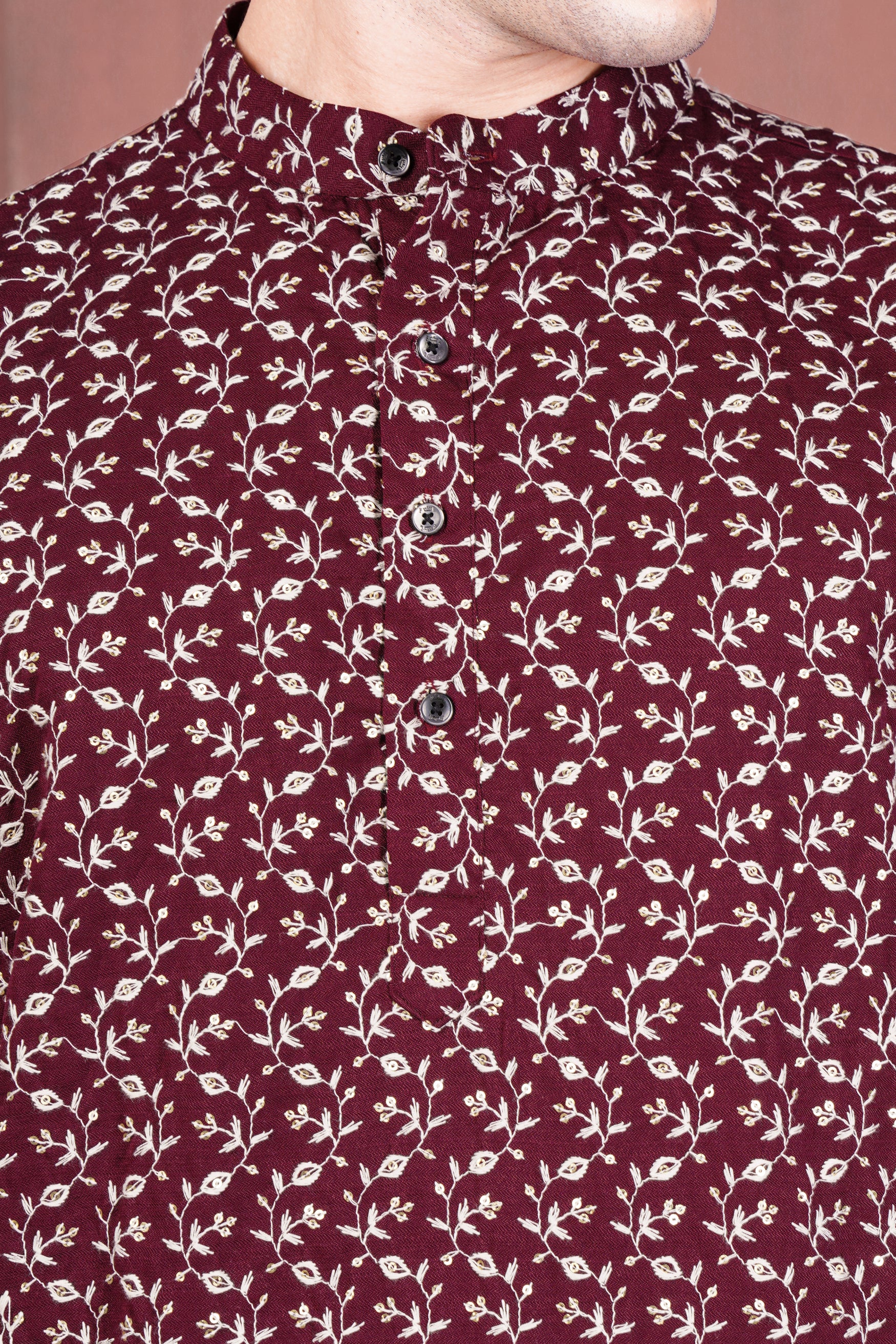 Mulberry Maroon Viscose Ditsy Embroidered With Tikki Work Designer Kurta