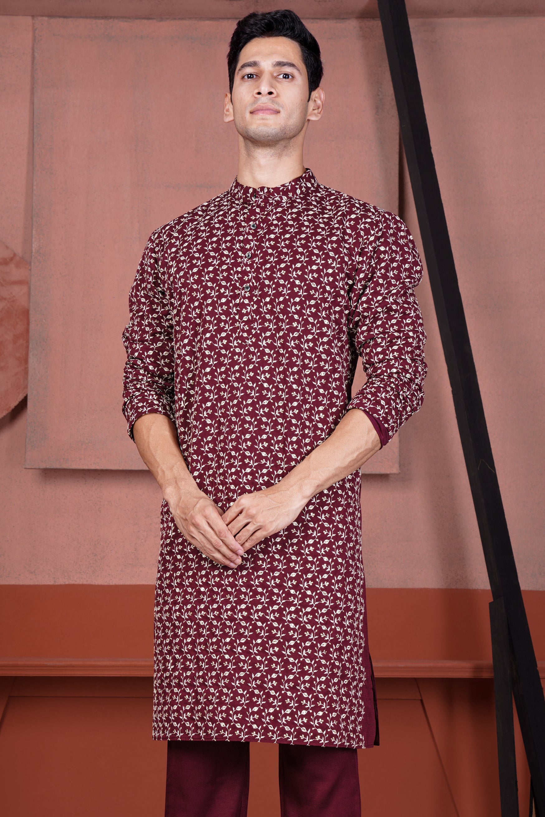 Mulberry Maroon Viscose Ditsy Embroidered With Tikki Work Designer Kurta