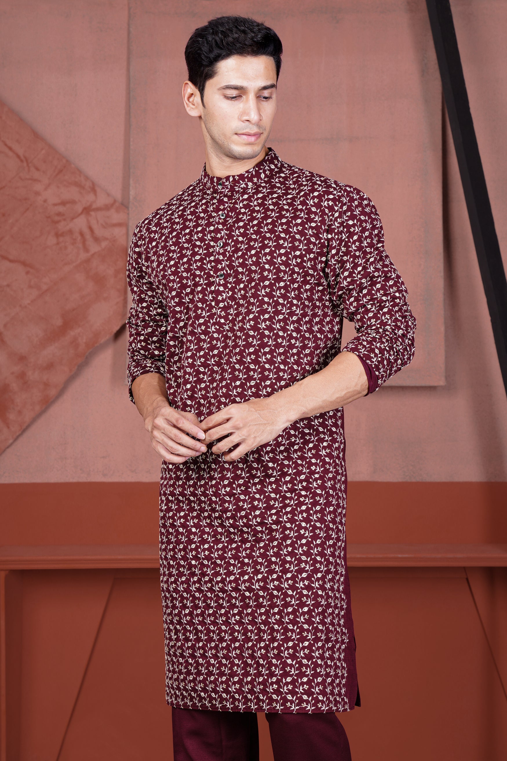 Mulberry Maroon Viscose Ditsy Embroidered With Tikki Work Designer Kurta